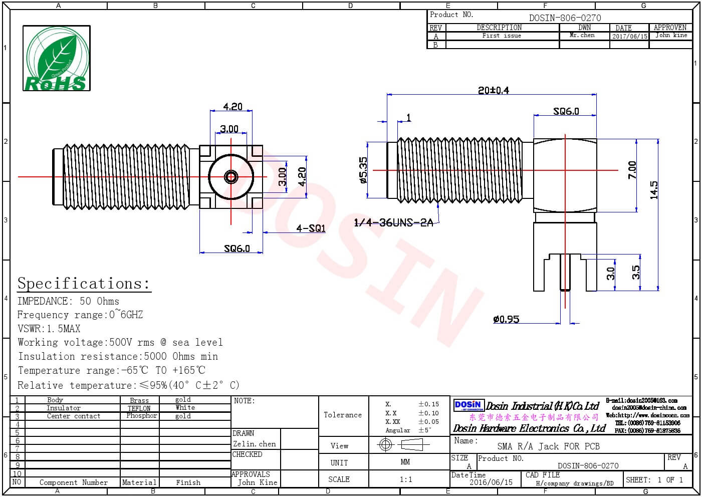 SMA连接器90度接PCB板端穿墙式SMA母接头
