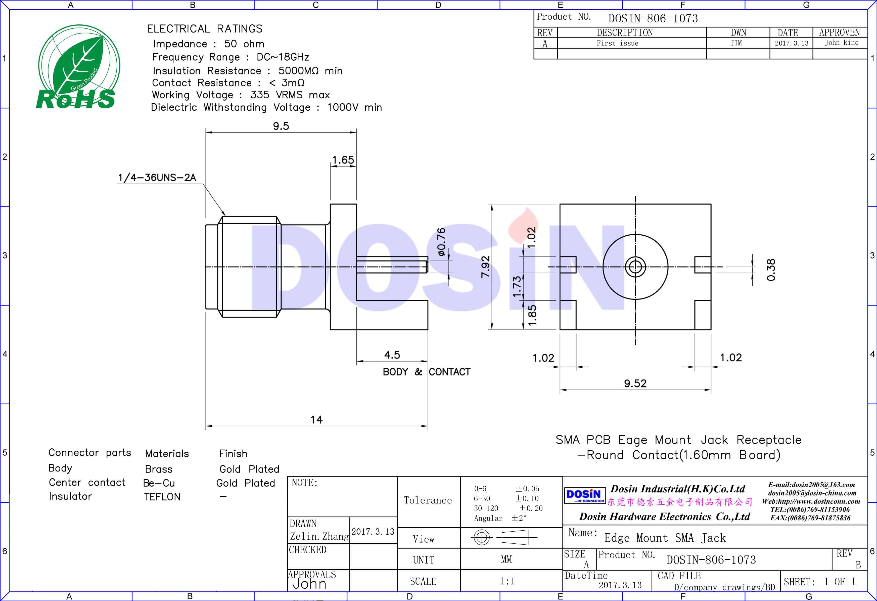 SMA卡板式母头插座镀金180度直式PCB插头