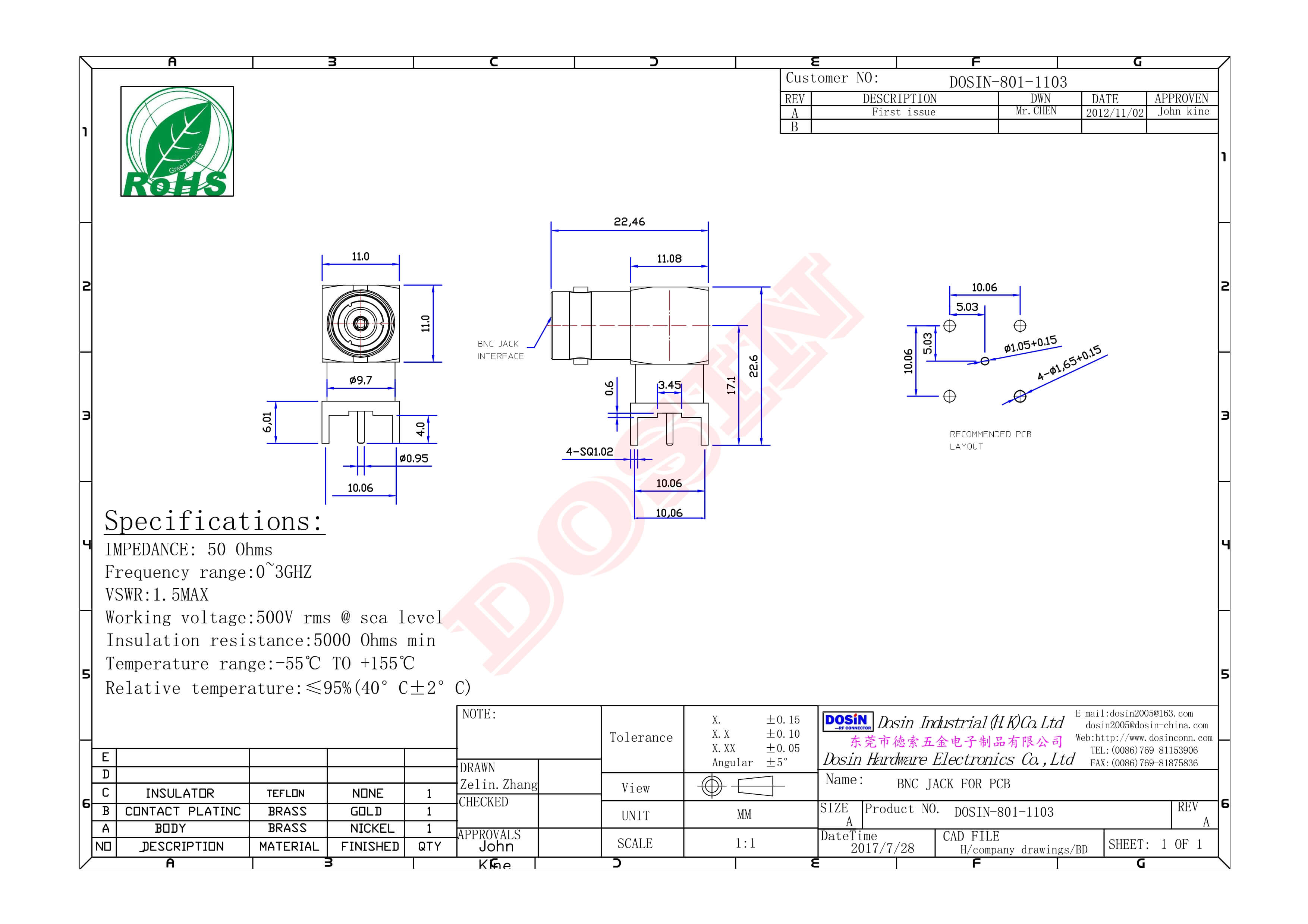 bnc 连接器 90度母头插孔接PCB板接头