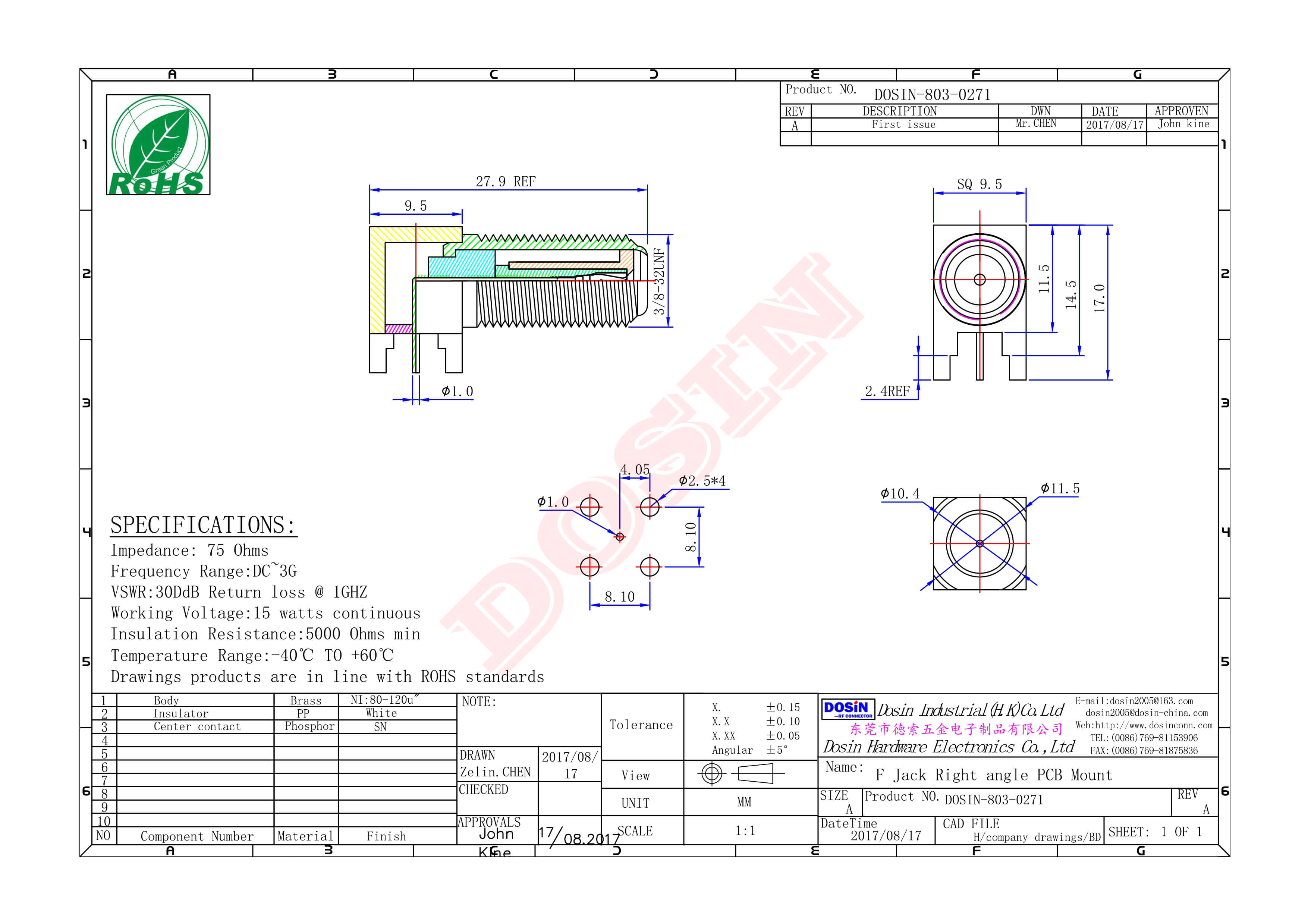 f连接器,弯式,母头,前锁穿墙,插孔,pcb板