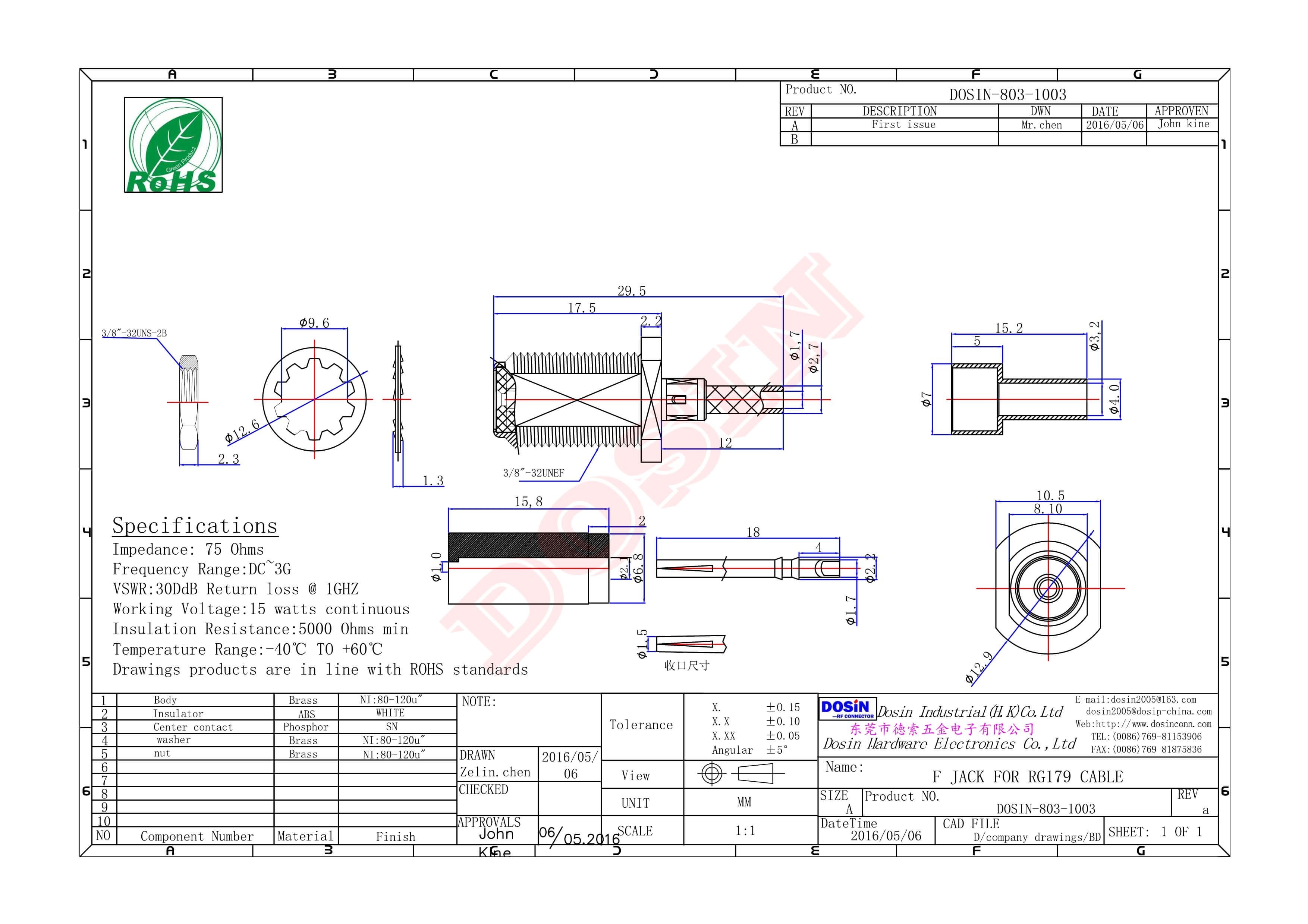 英制f母头直式防水接线RG316压接式