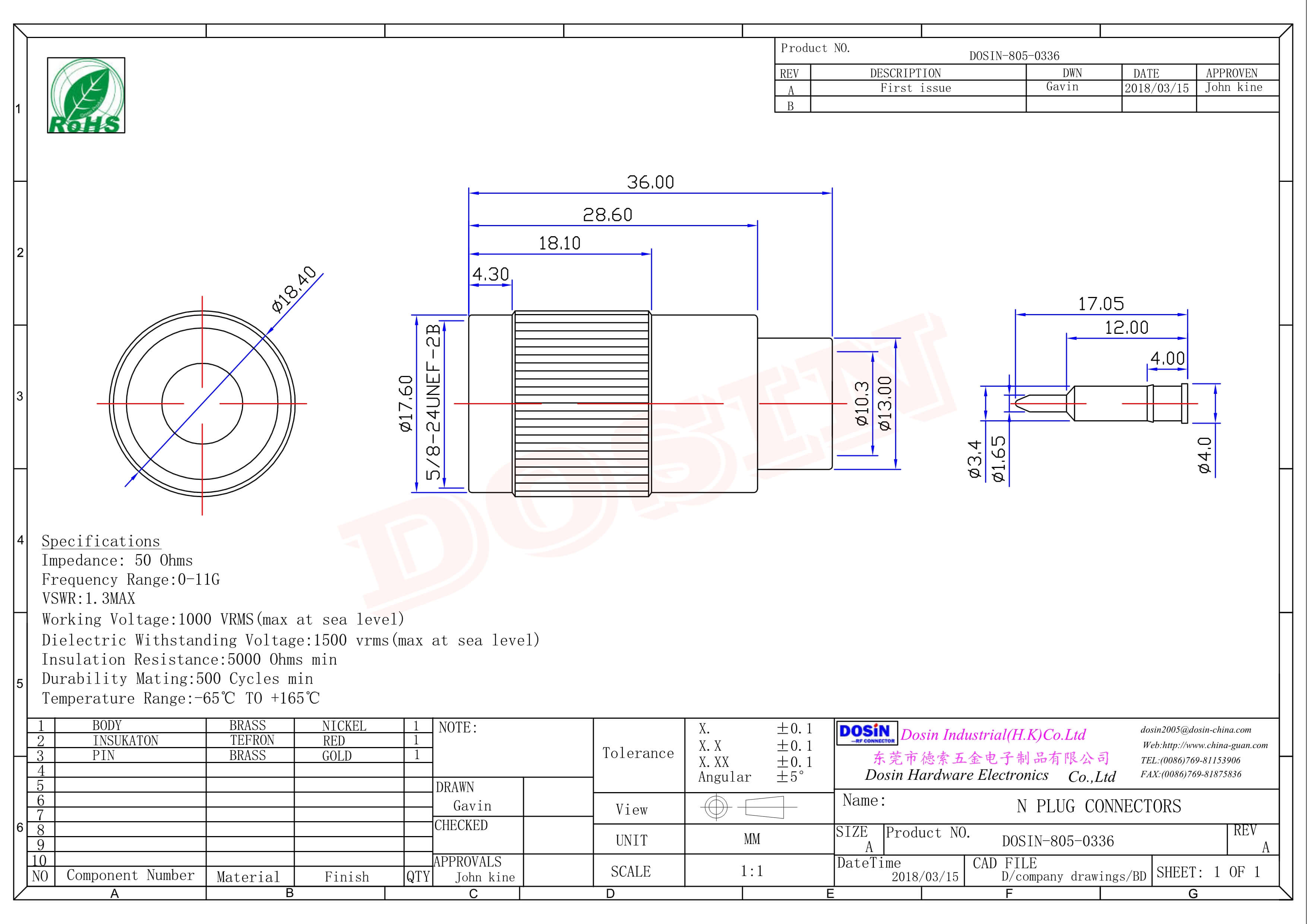 N公头直通180度螺母锁紧50欧姆