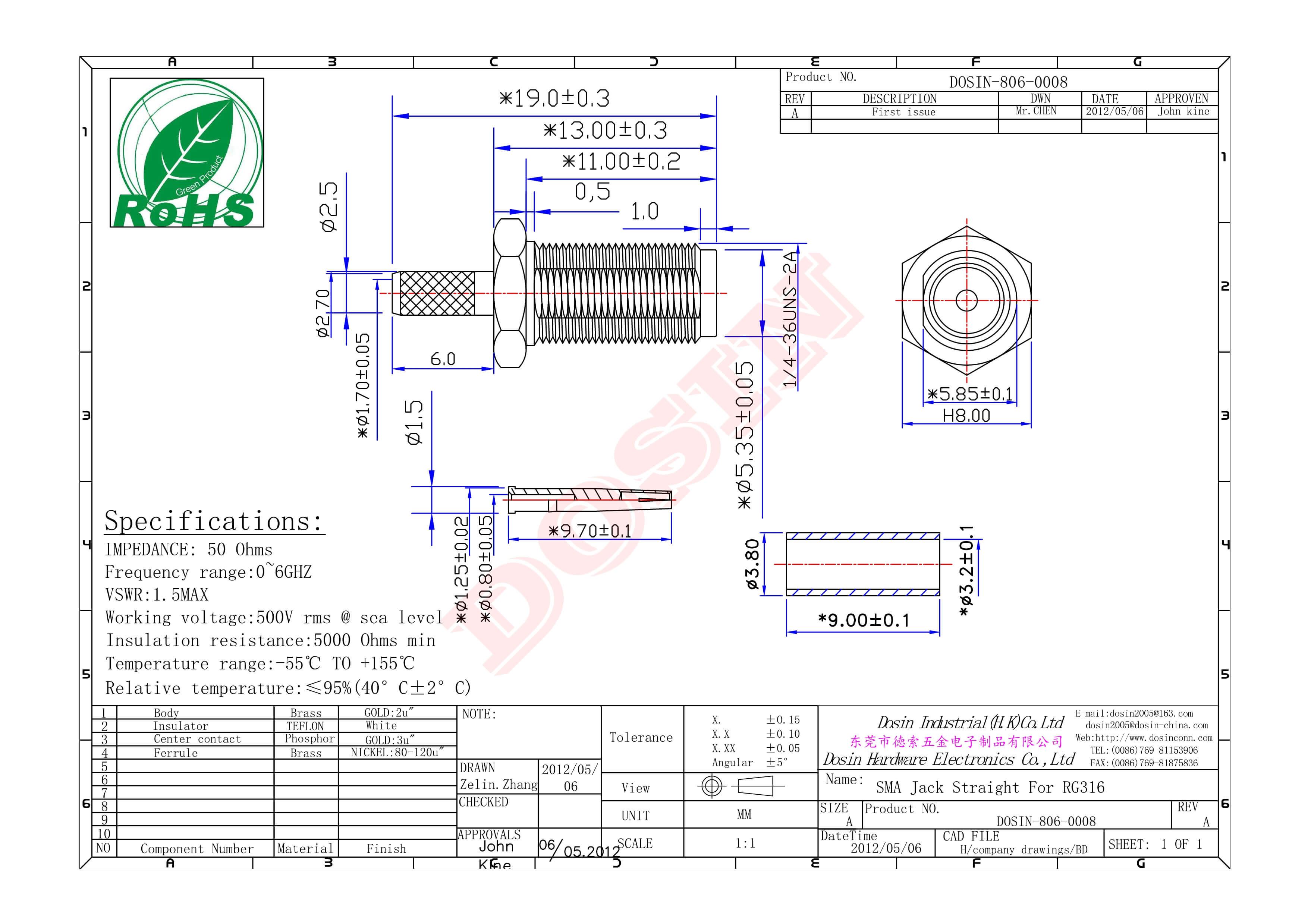SMA连接器,直式,母头,母针,压接,接同轴线缆