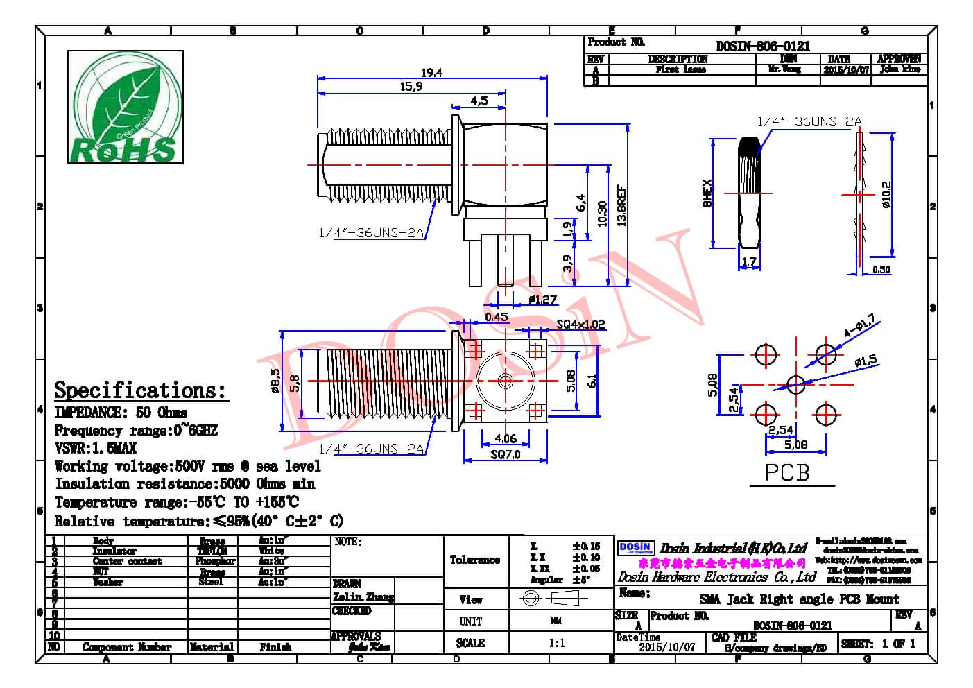 SMA型90度四脚插座母头接PCB板