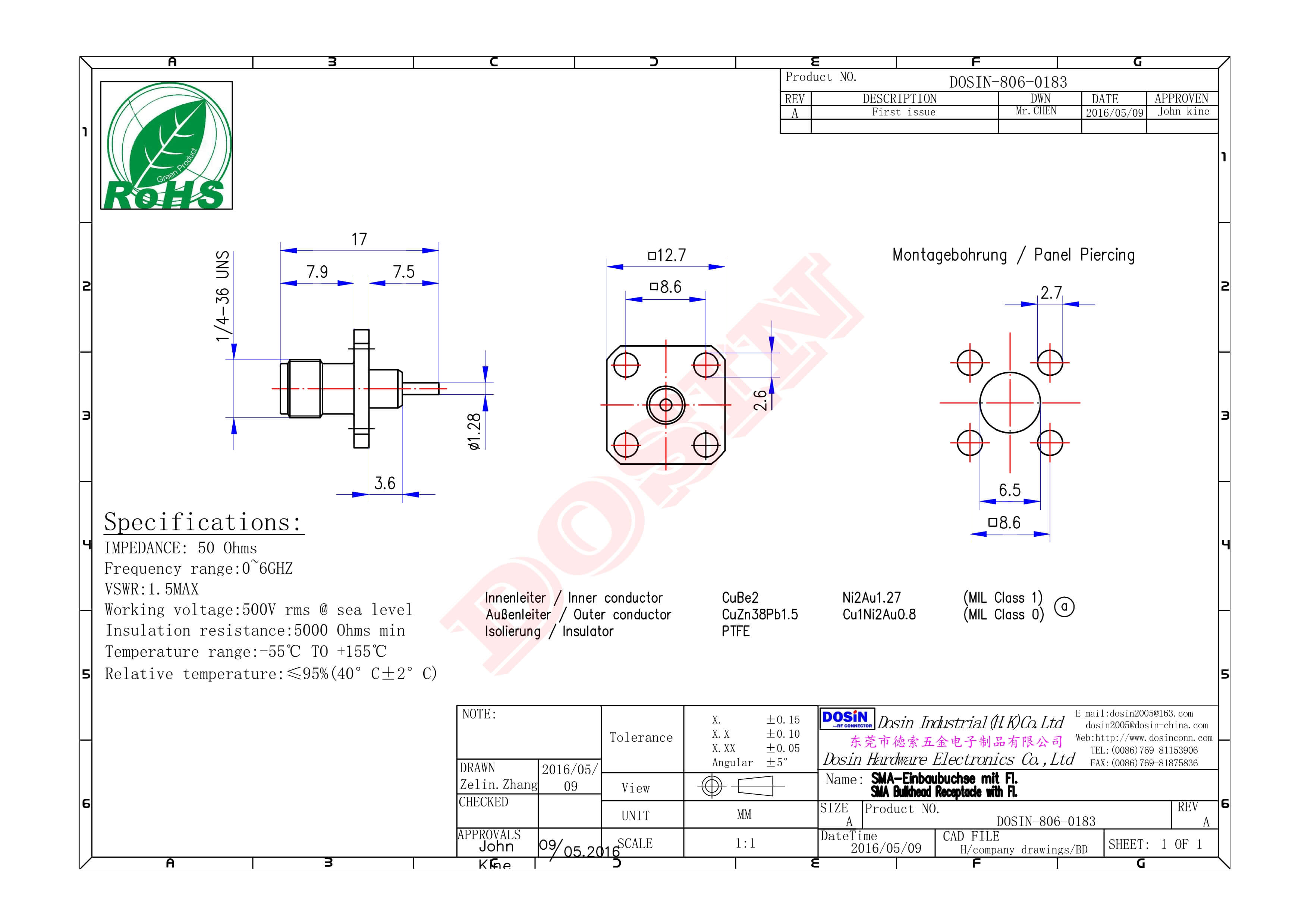 SMA接头带法兰四孔母头PTFE穿孔插板