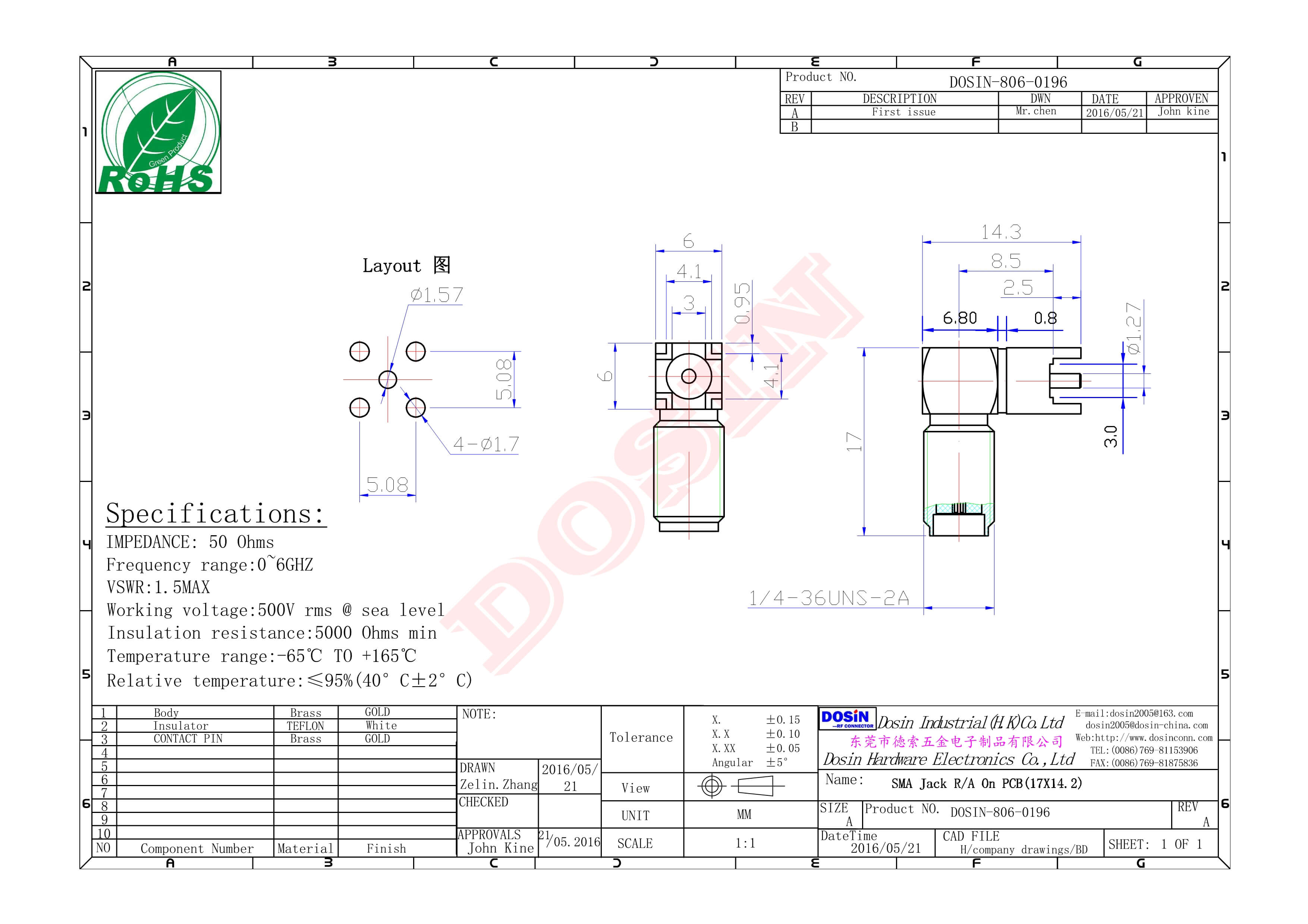 SMA直角弯头RF连接器镀金母头插PCB板