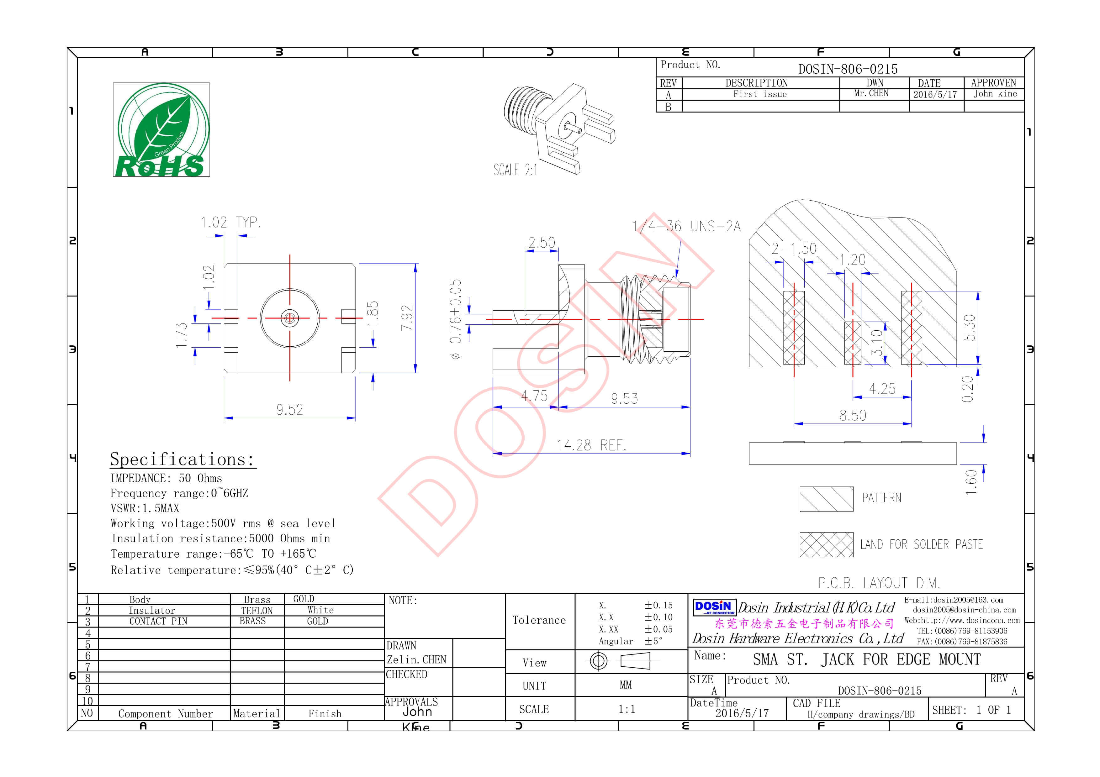 SMA型直式母头接PCB板边缘卡板式