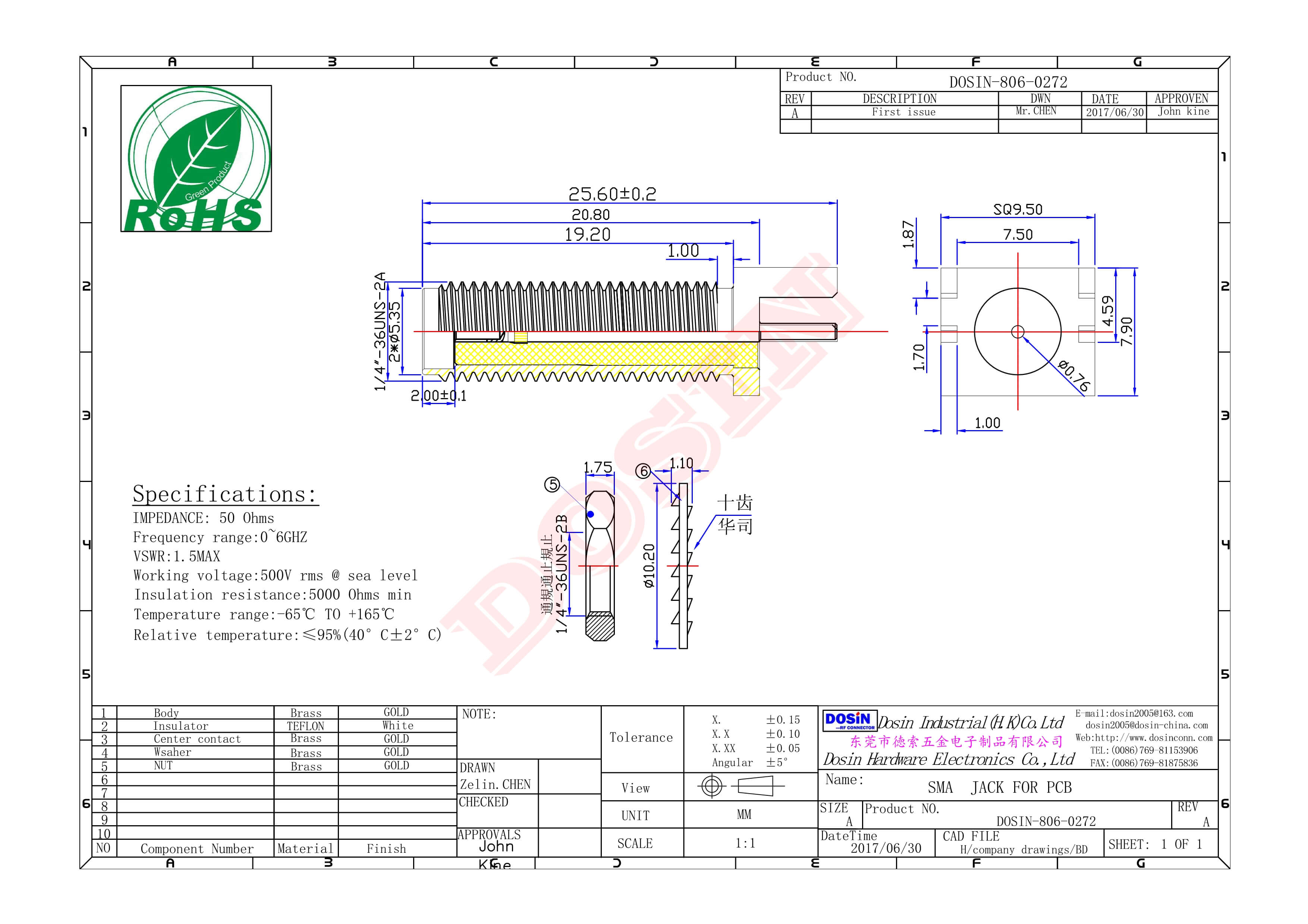 SMA直母座射频同轴连接器螺纹连接插PCB板