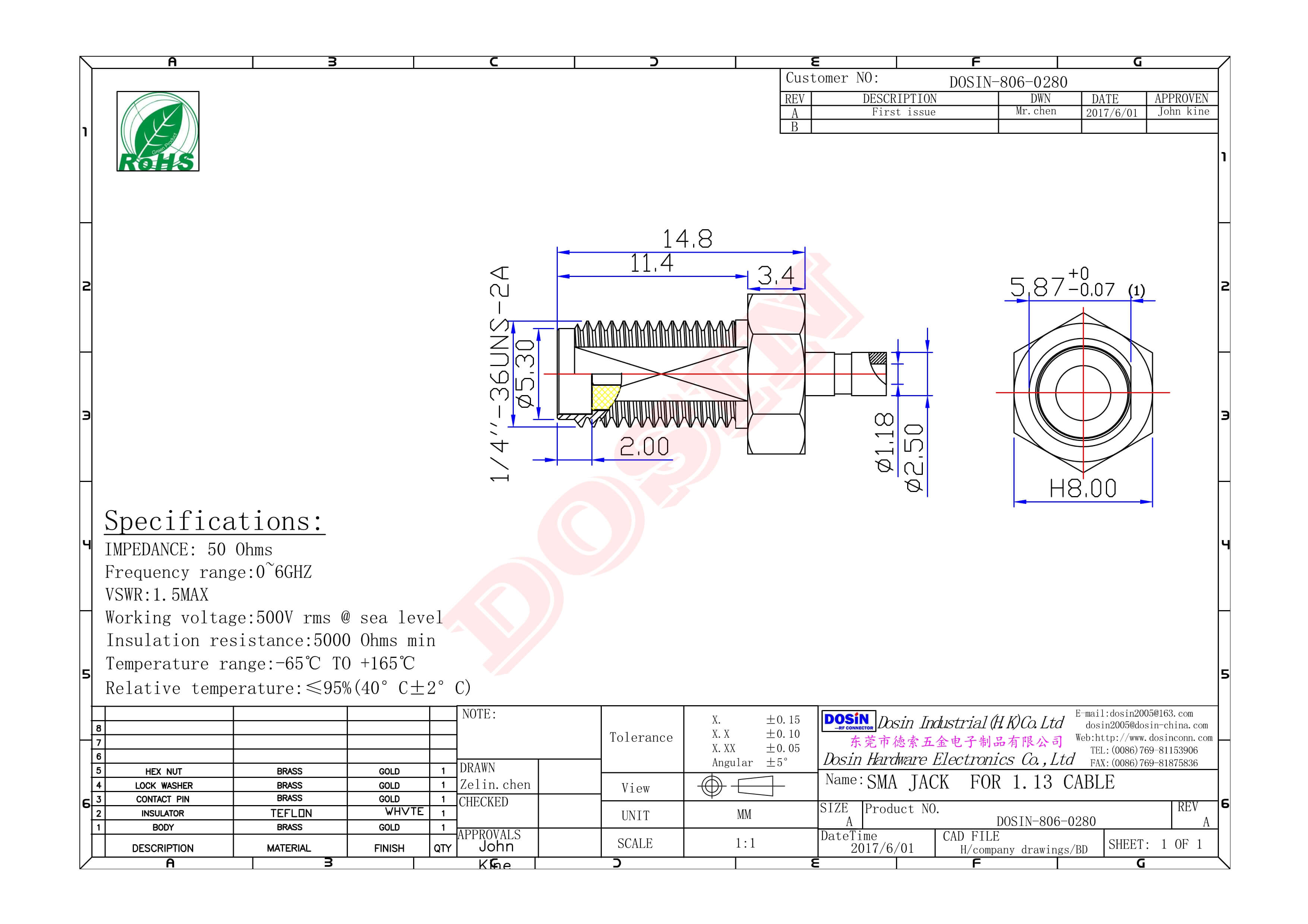 SMA直母座射频连接器前锁穿墙开天窗焊接
