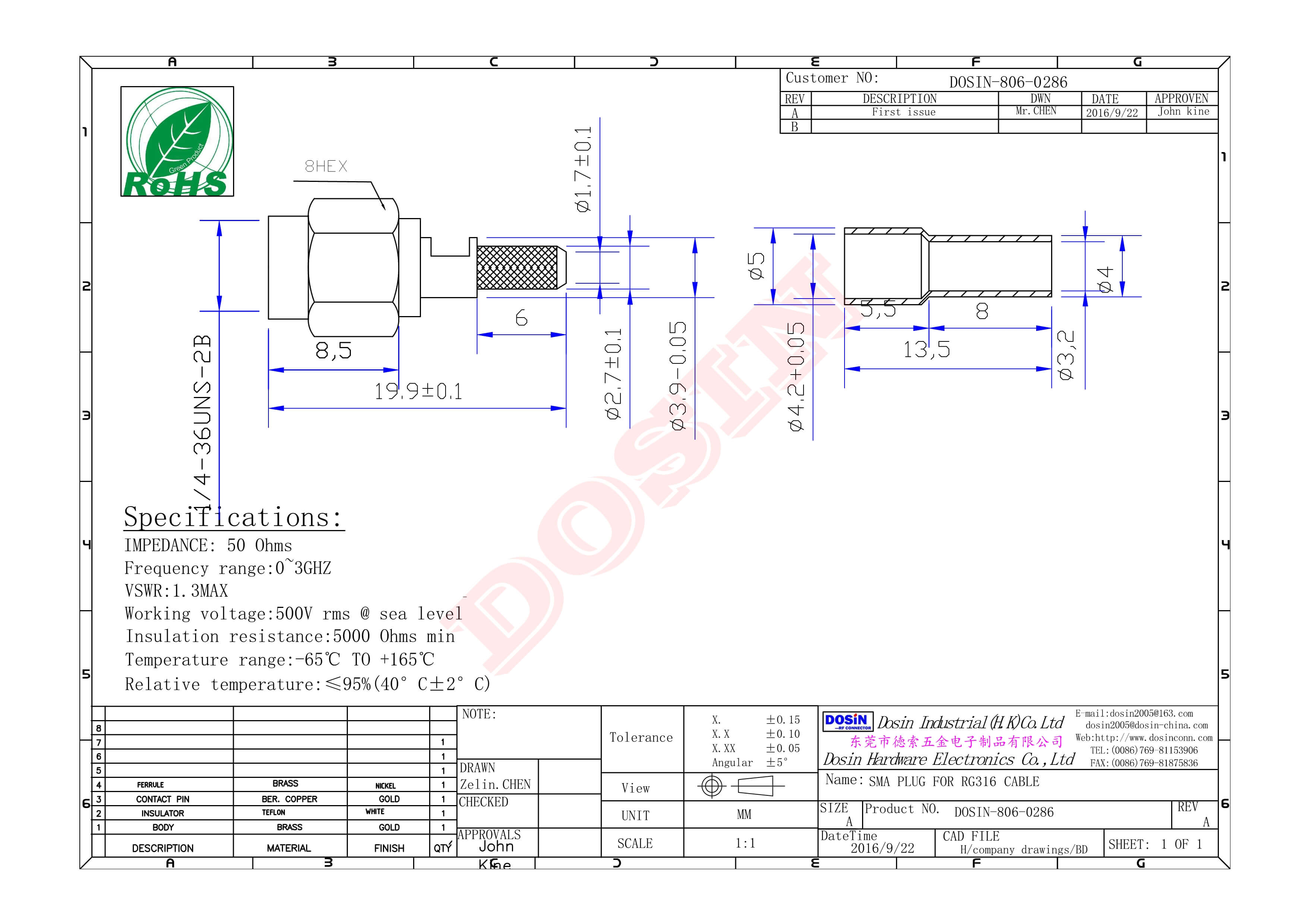 压接SMA公头直式镀金开天窗接同轴线缆