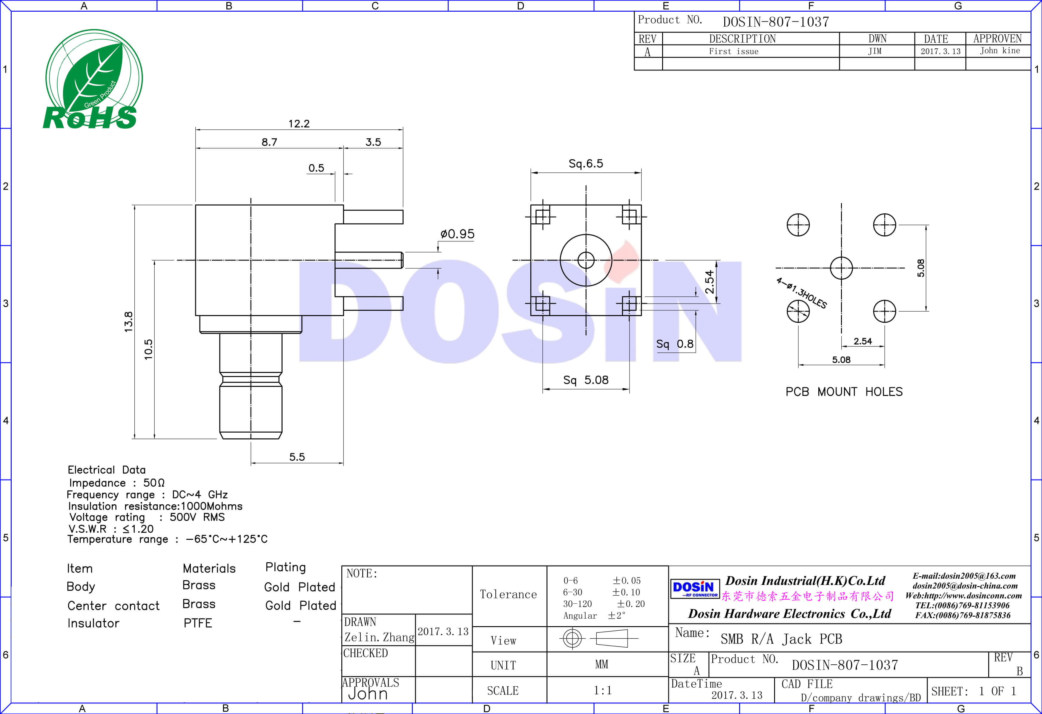 smb弯插镀金母头接pcb板电子连接器