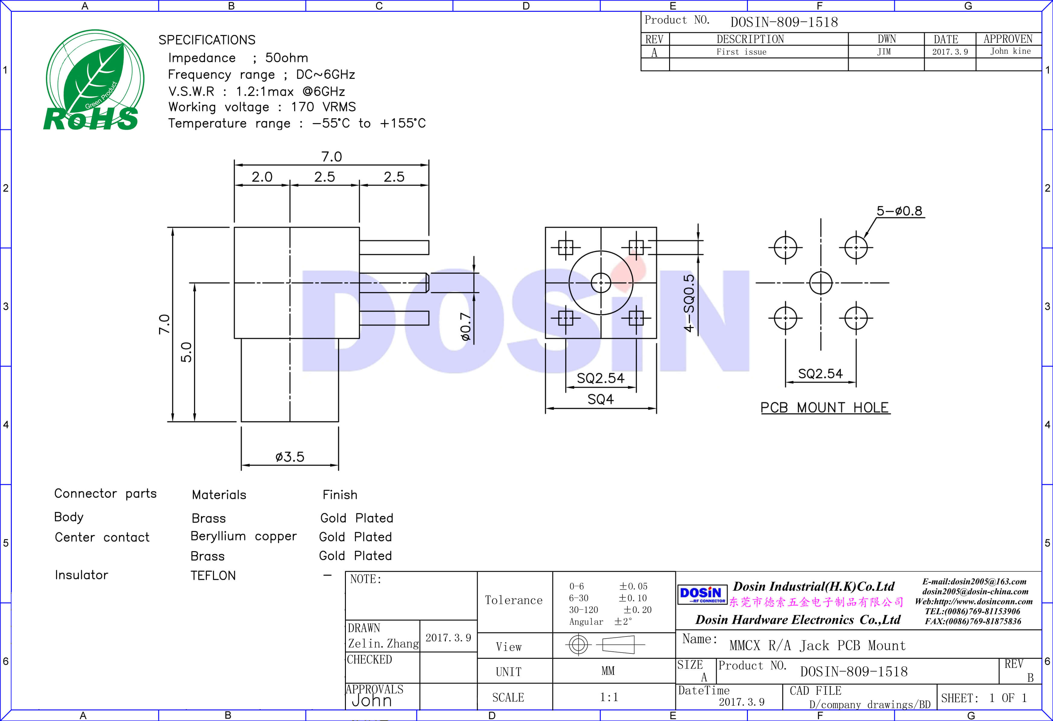 pcb插母头MMCX弯插式板端射频同轴连接器