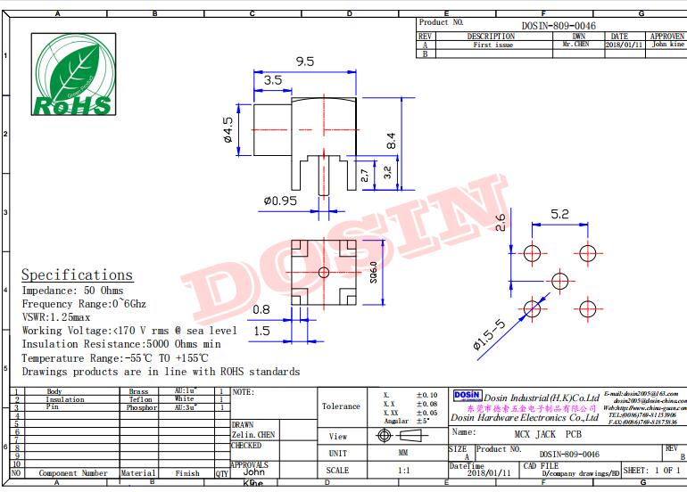 MCX母头弯式射频同轴连接器插PCB板
