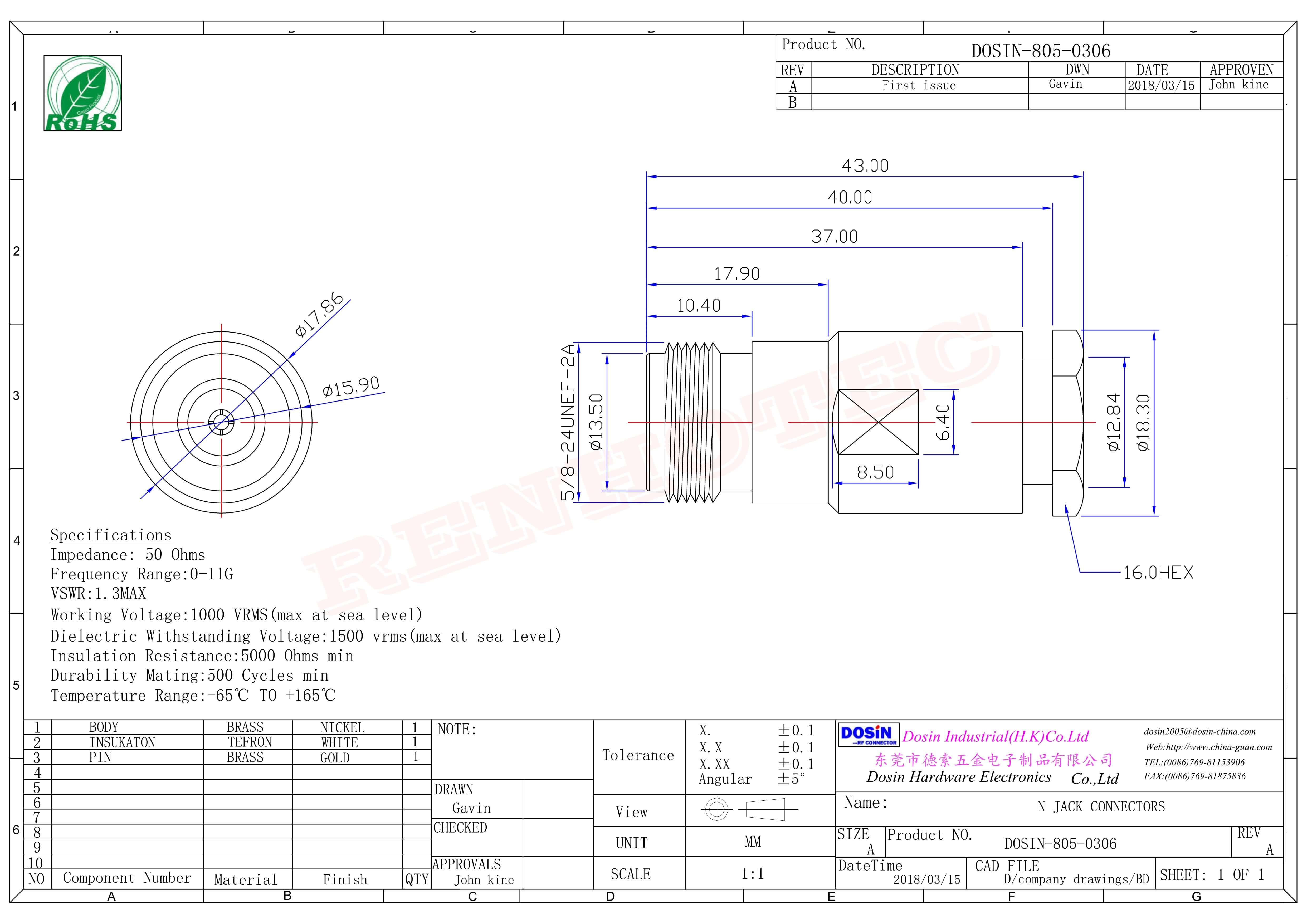 N型母头射频同轴连接器直式螺母锁紧