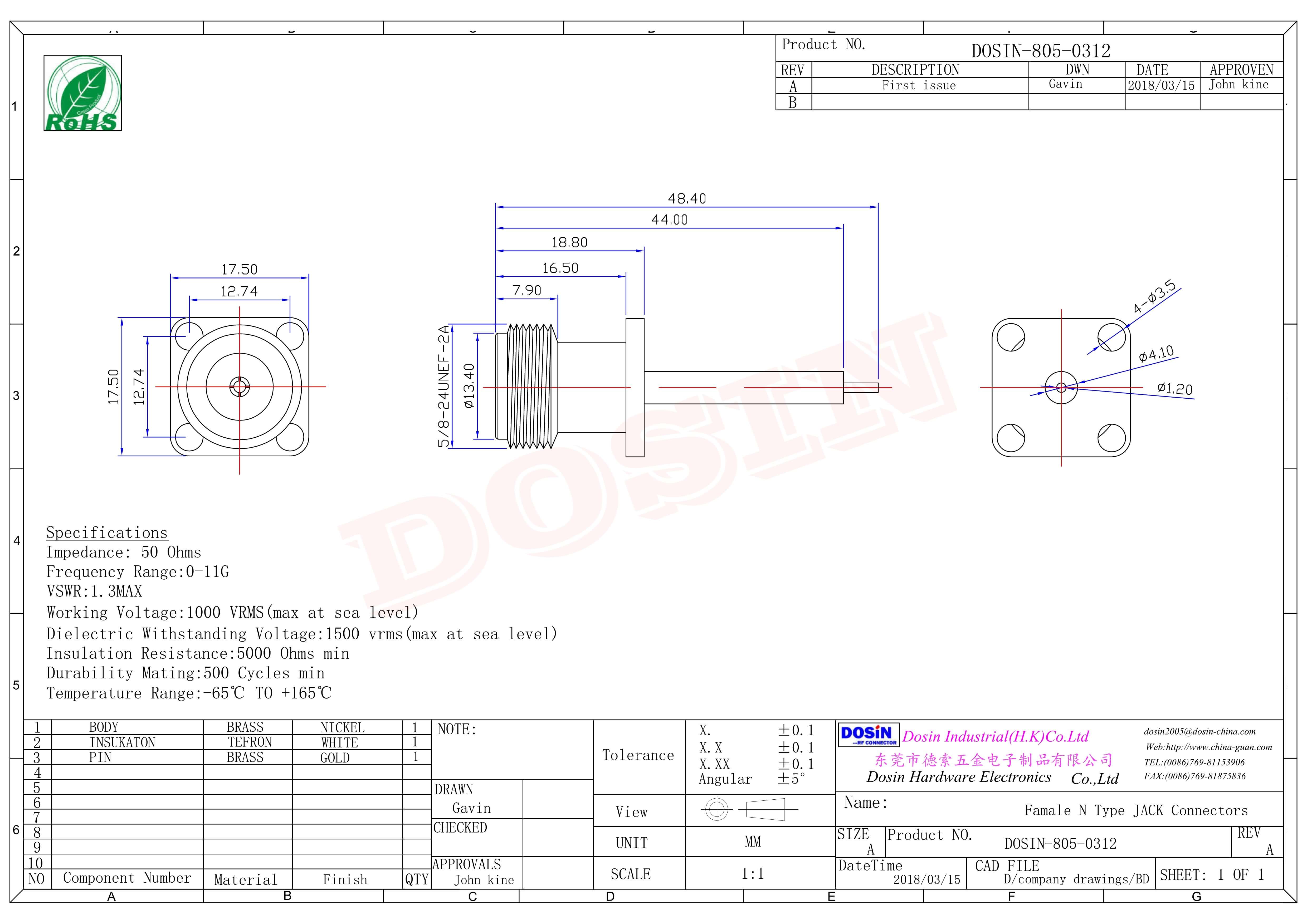 N型法兰接头直式母头四孔法兰面板安装