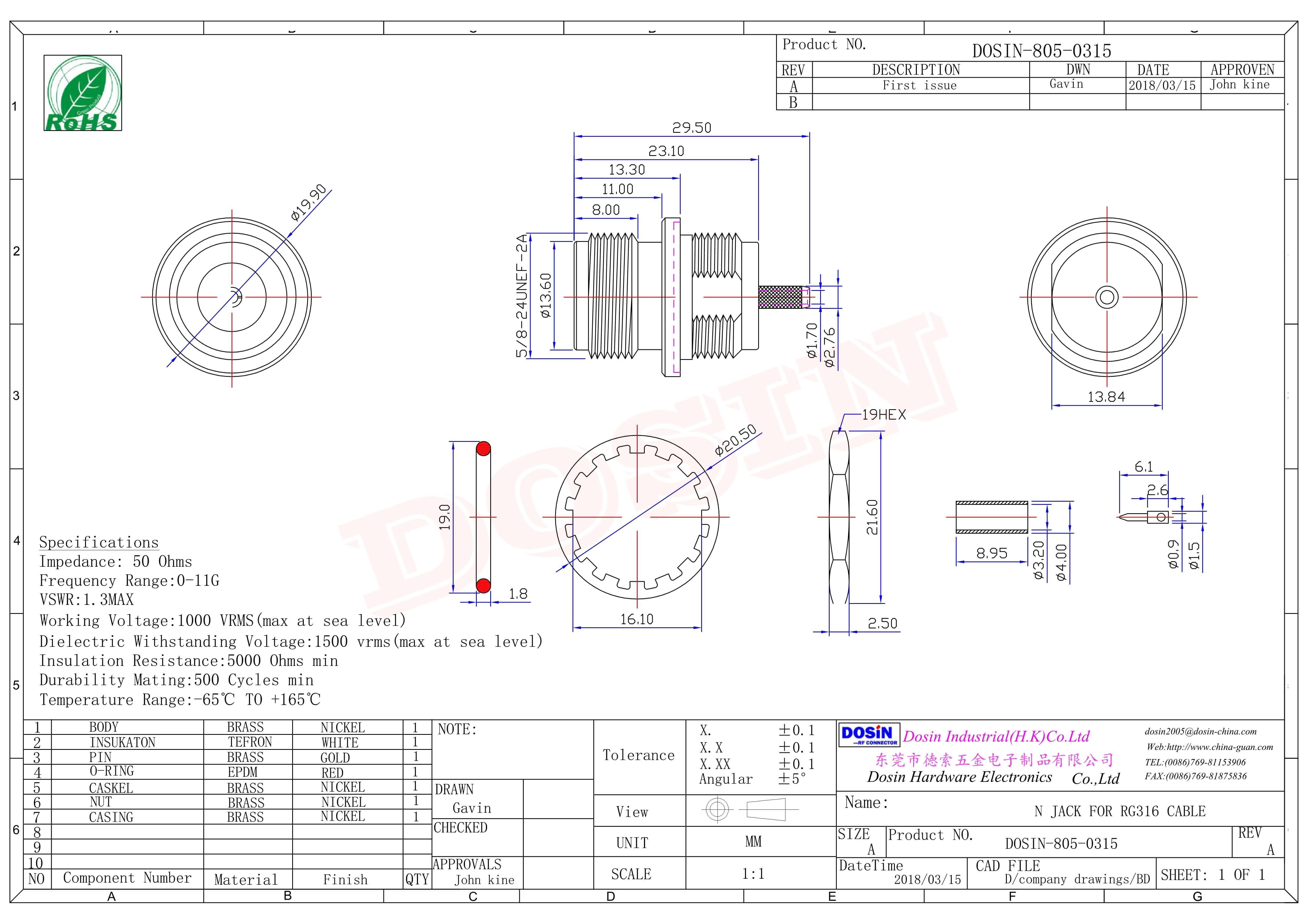 防水N型接头直式180度公头防水型穿墙式压接接线连接器