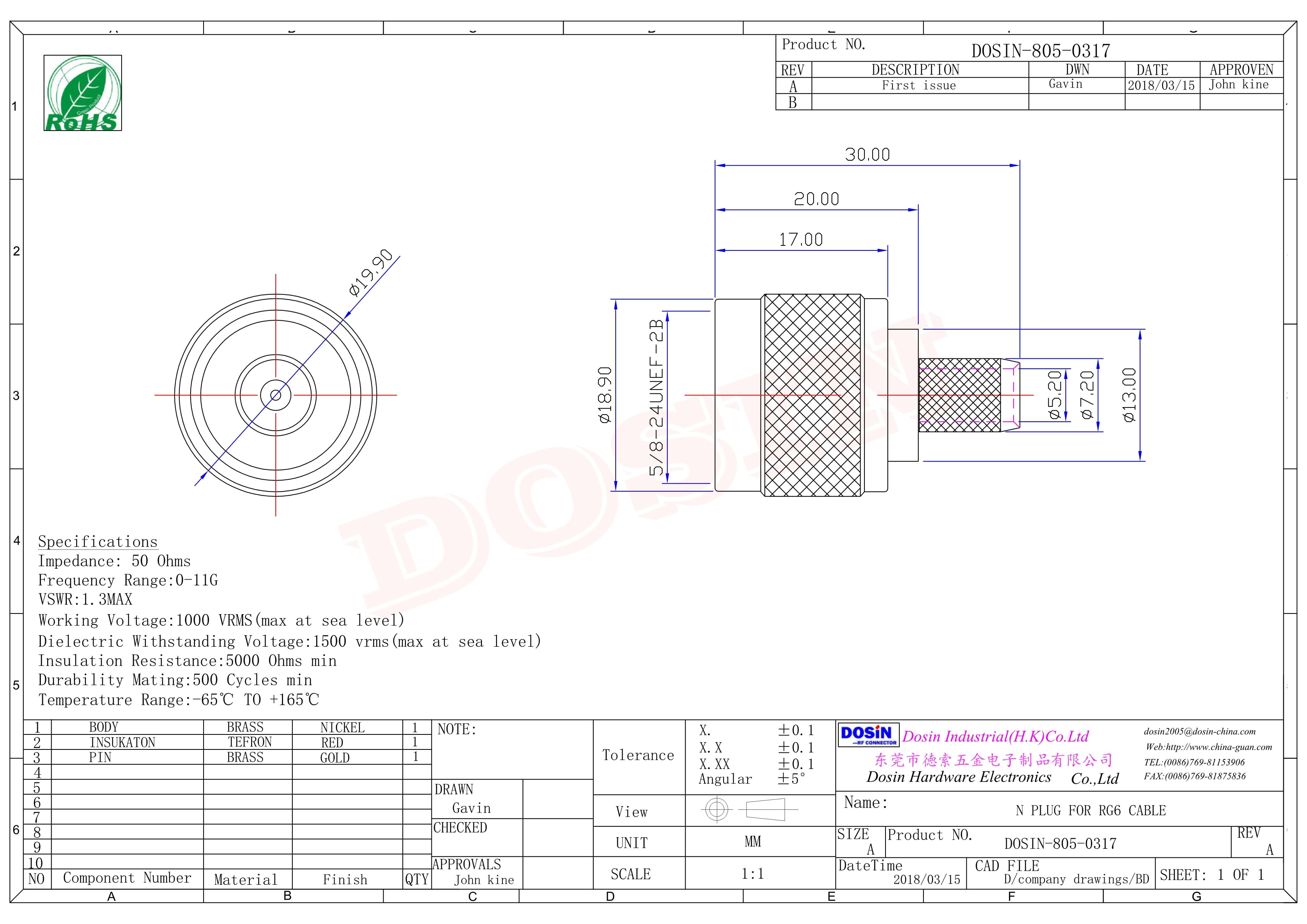 RF连接器N型压接式母头直式180度接同轴线缆RG6线