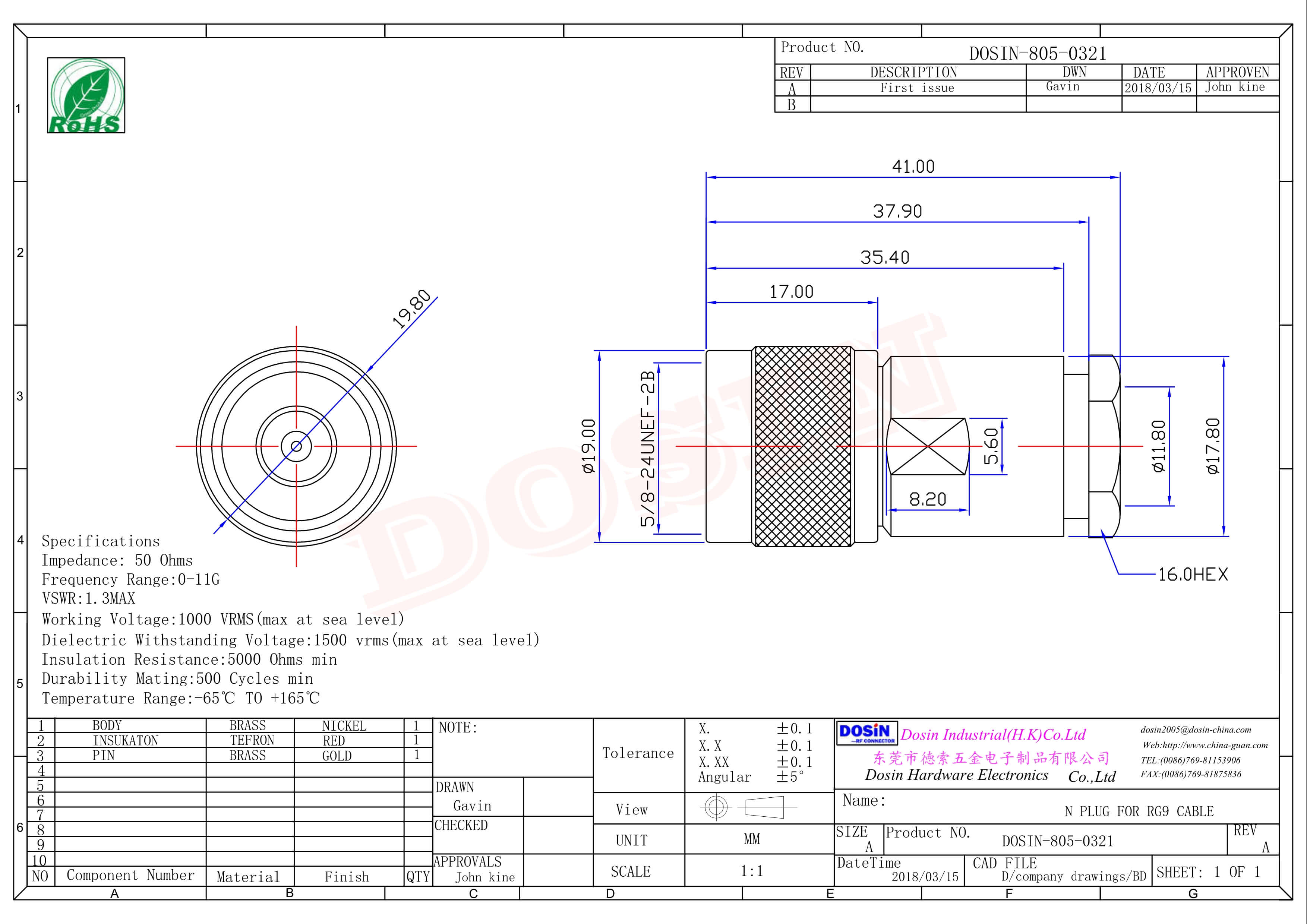 rf射频同轴连接器直式公头180度螺母锁紧式接线