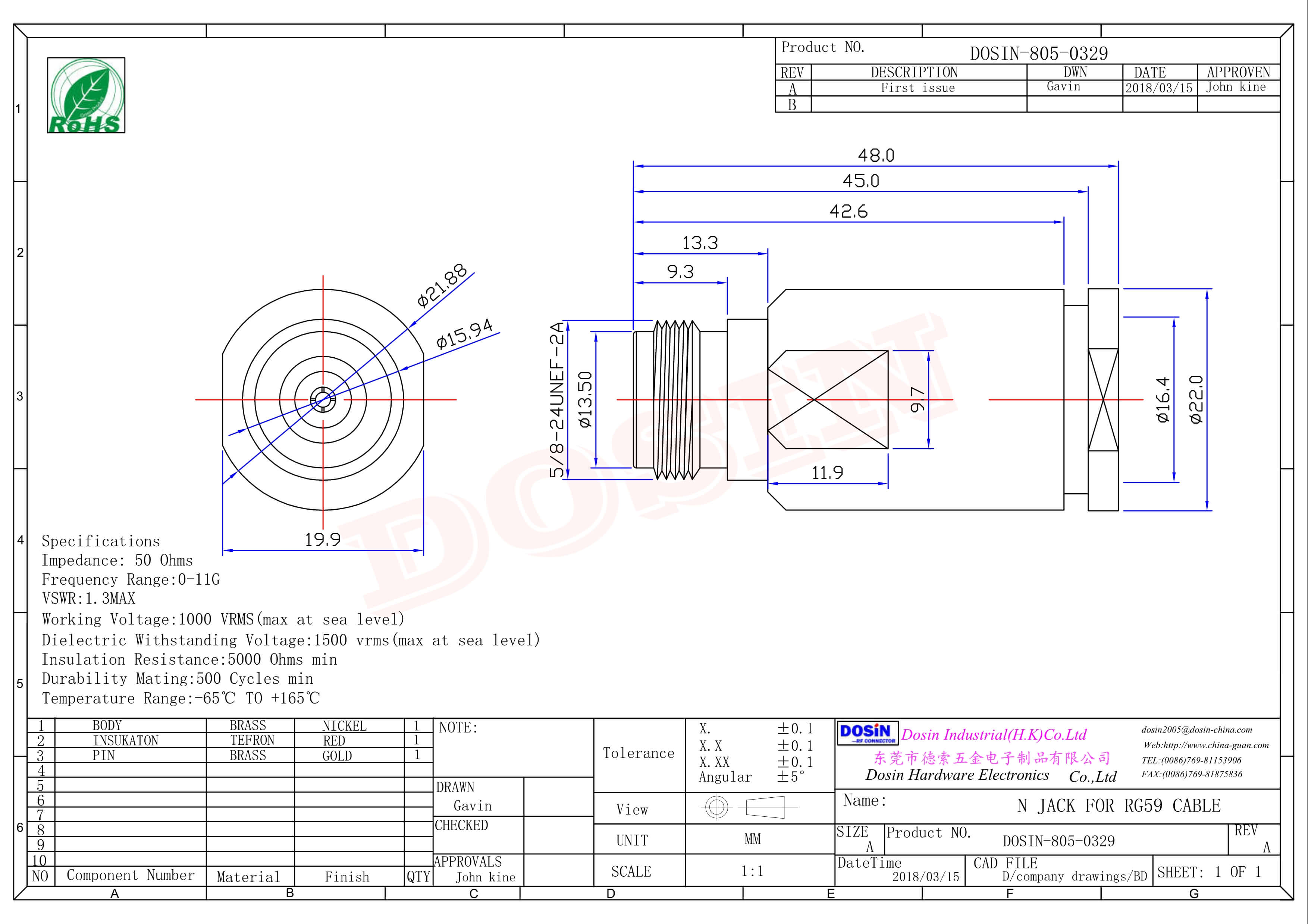 射频接口N型母头180度直式螺母锁紧接口