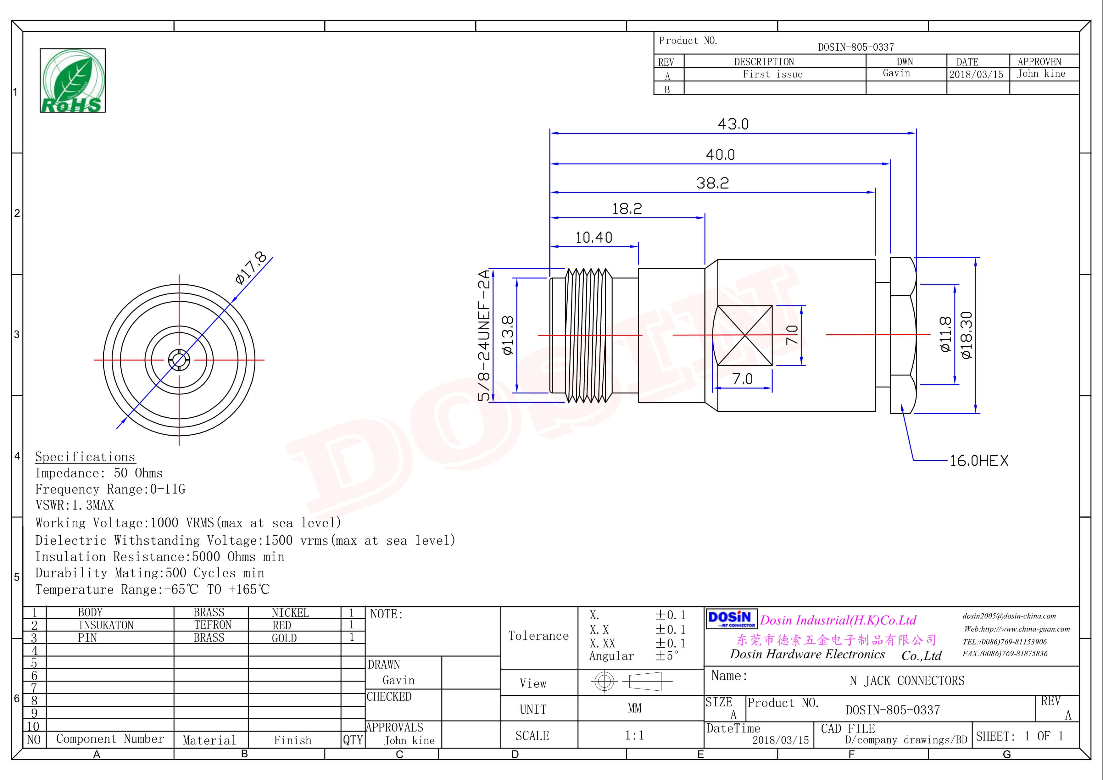 专业射频同轴连接器N型直式母头母针螺母锁紧