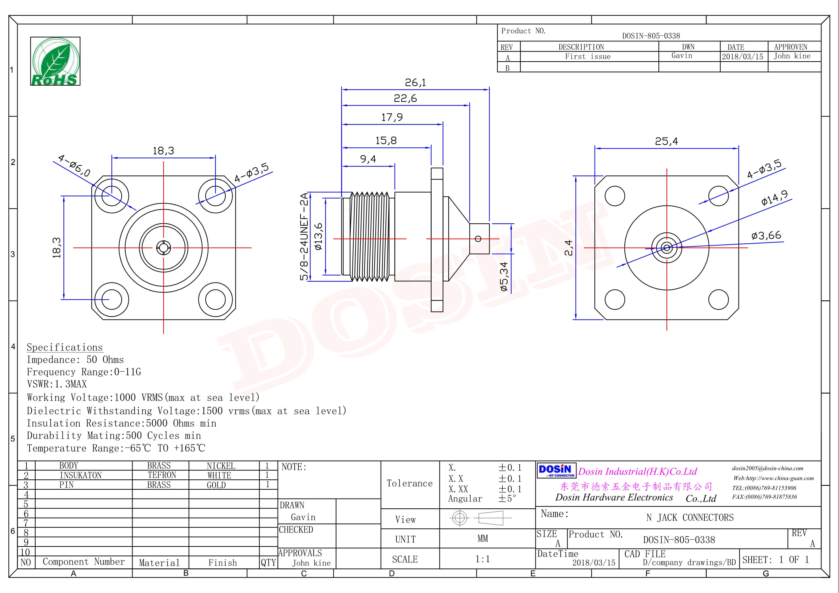 N型连接器焊接接同轴线缆直式母头四孔法兰