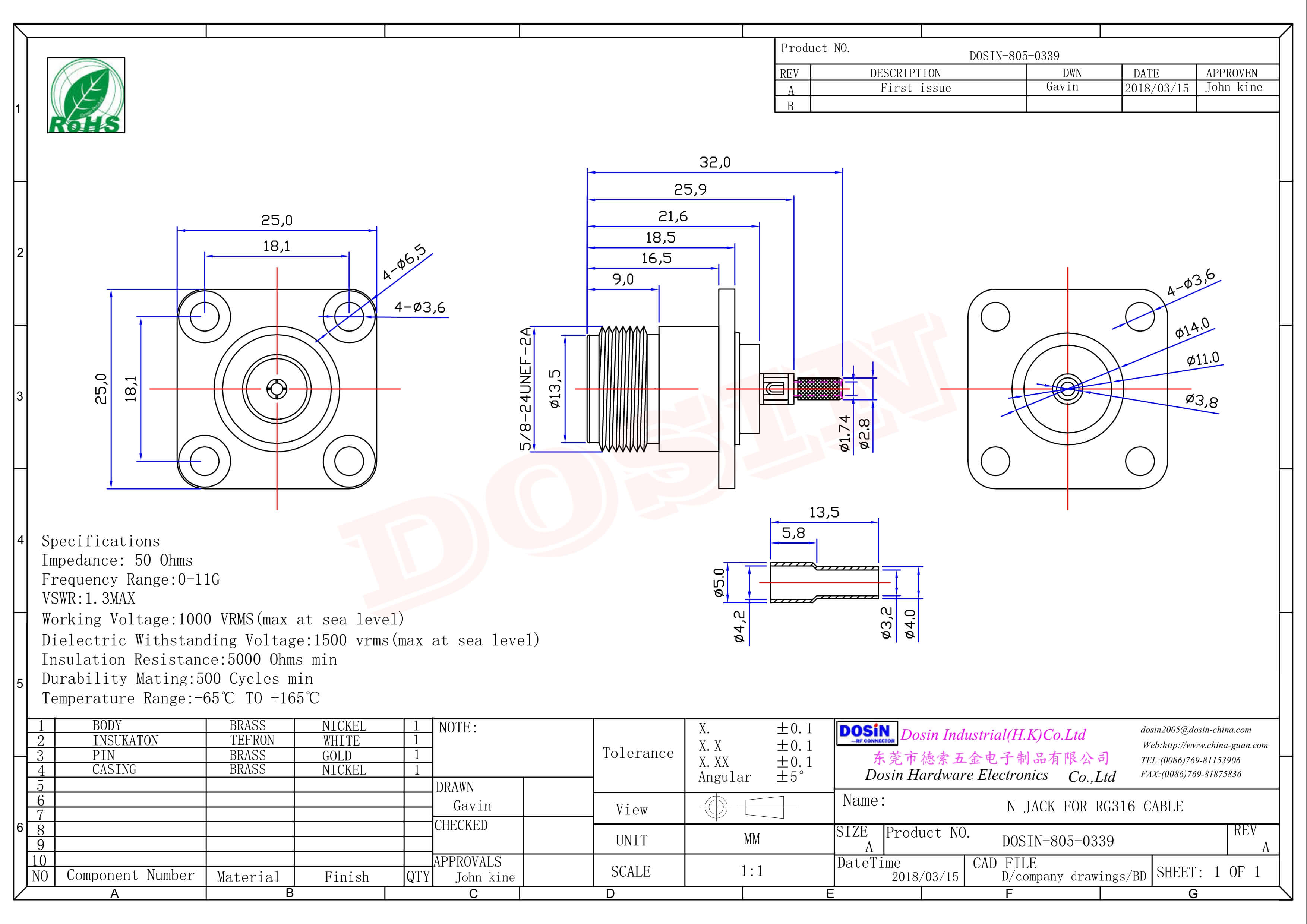 N型法兰连接器母头四孔法兰压接式接同轴线缆