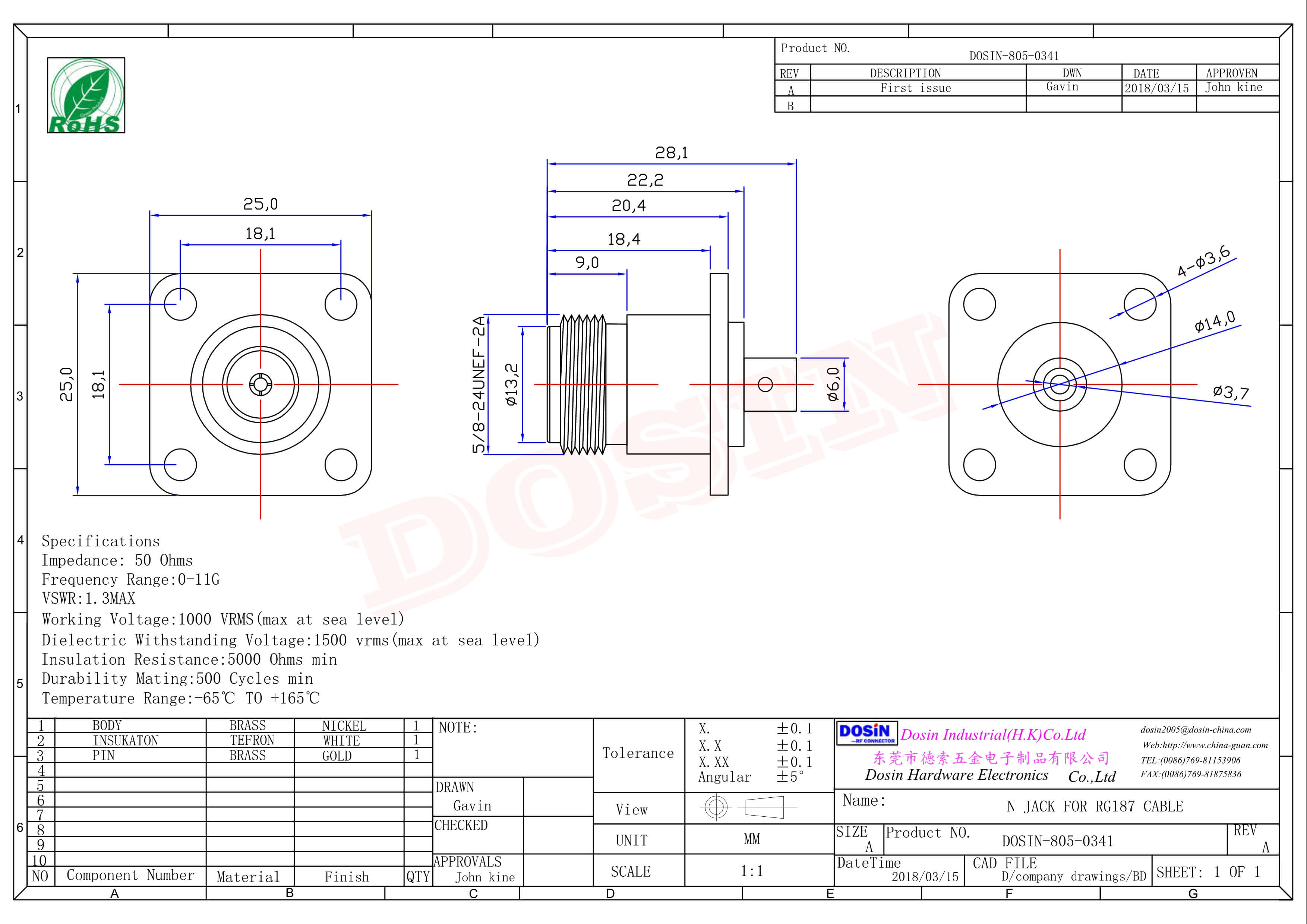 法兰N型射频接头rf直式母头四孔法兰焊接式