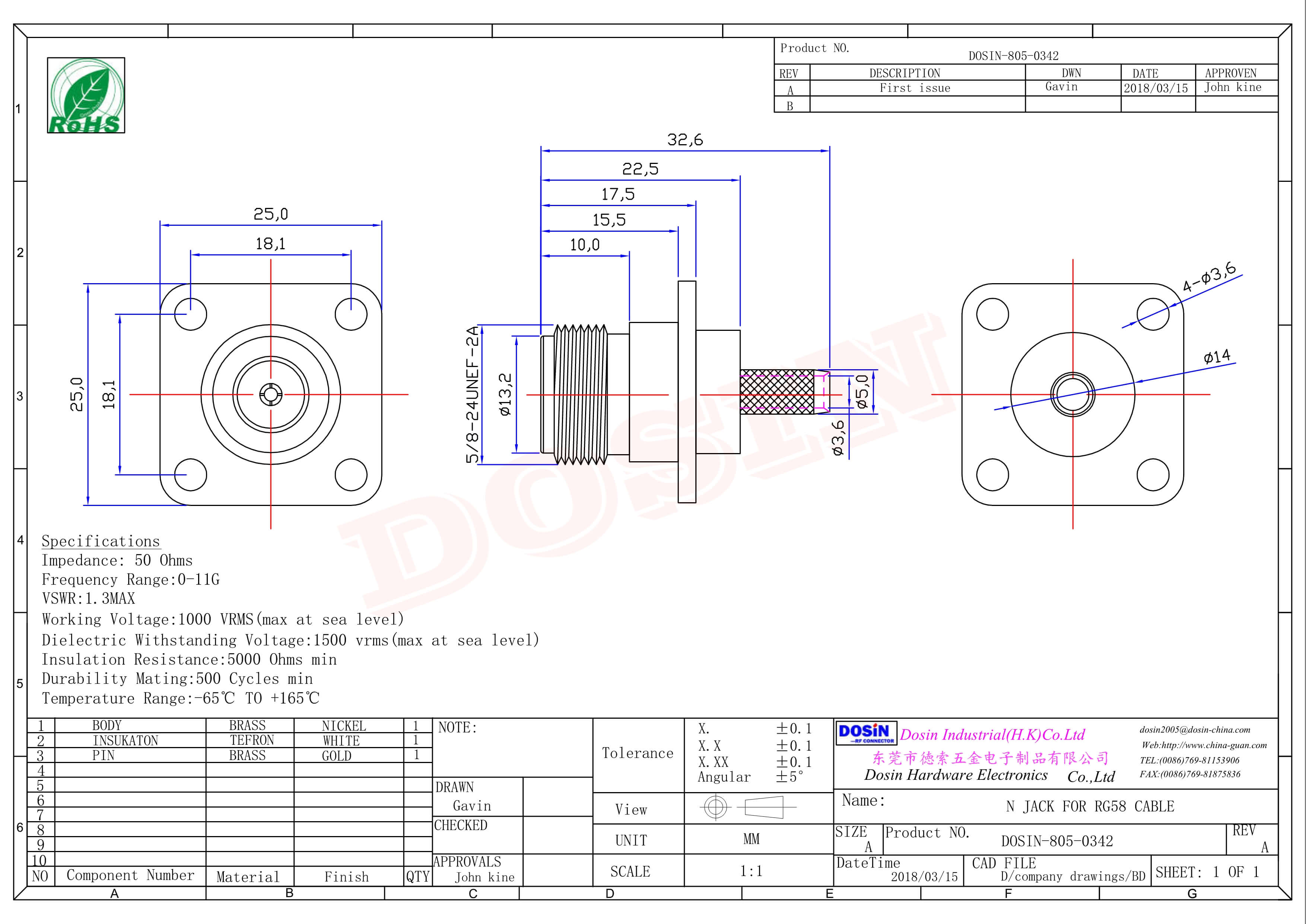 法兰N型射频接头直式母头四孔法兰压接式接同轴线缆