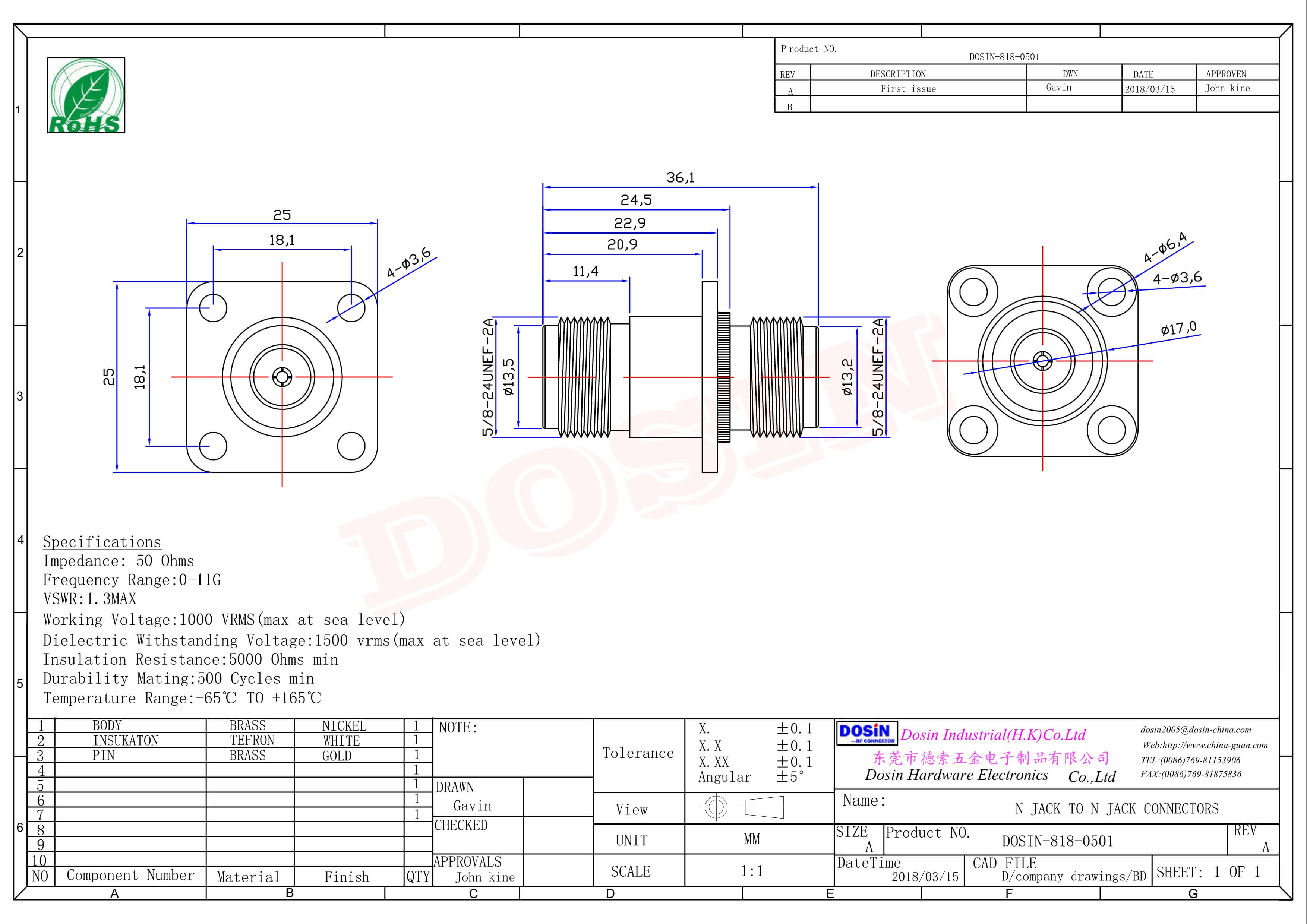 N头法兰式连接器直式母头转接头四孔法兰