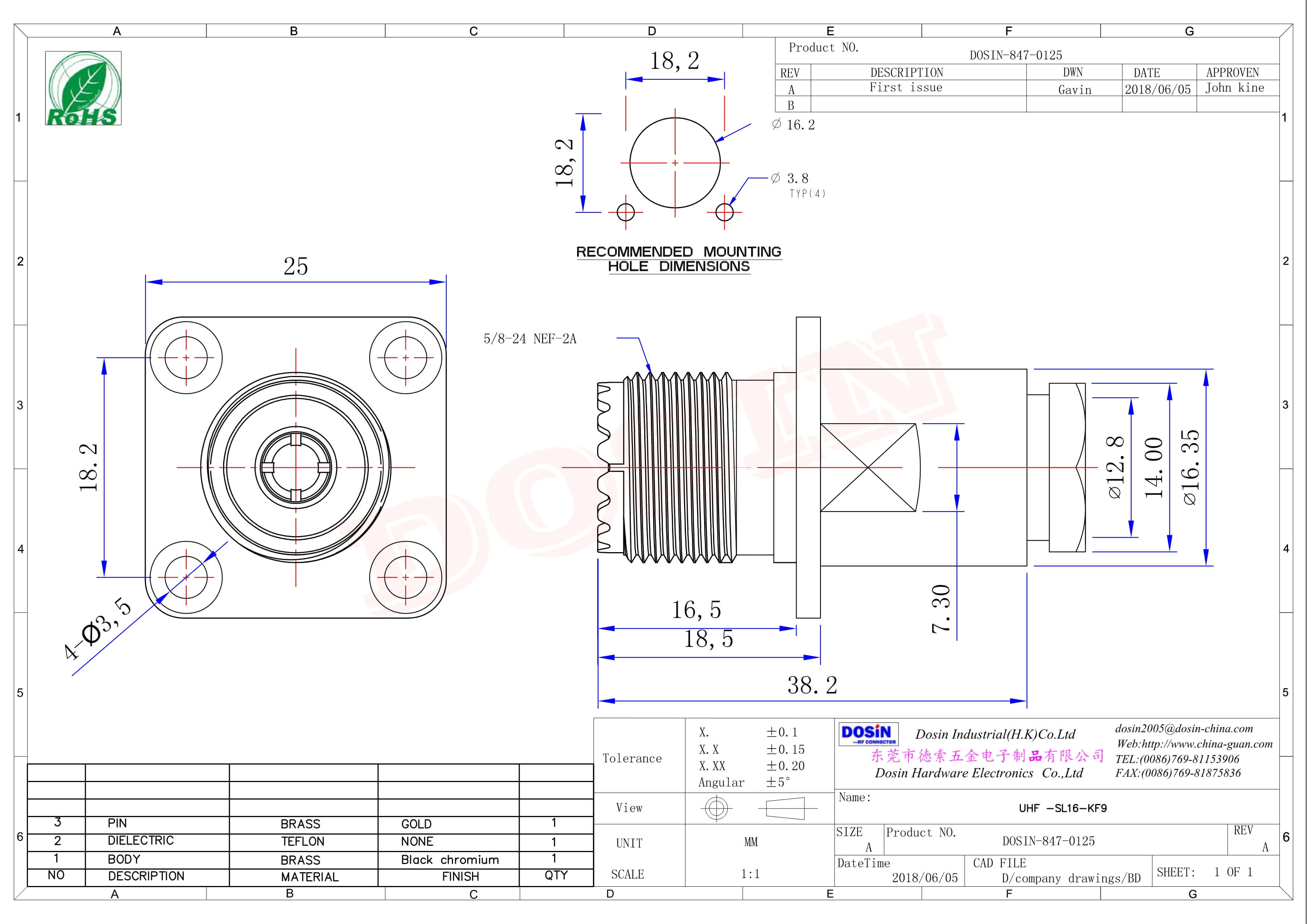 uhf法兰连接器母头直式螺母锁紧UHF-SL16-KF9