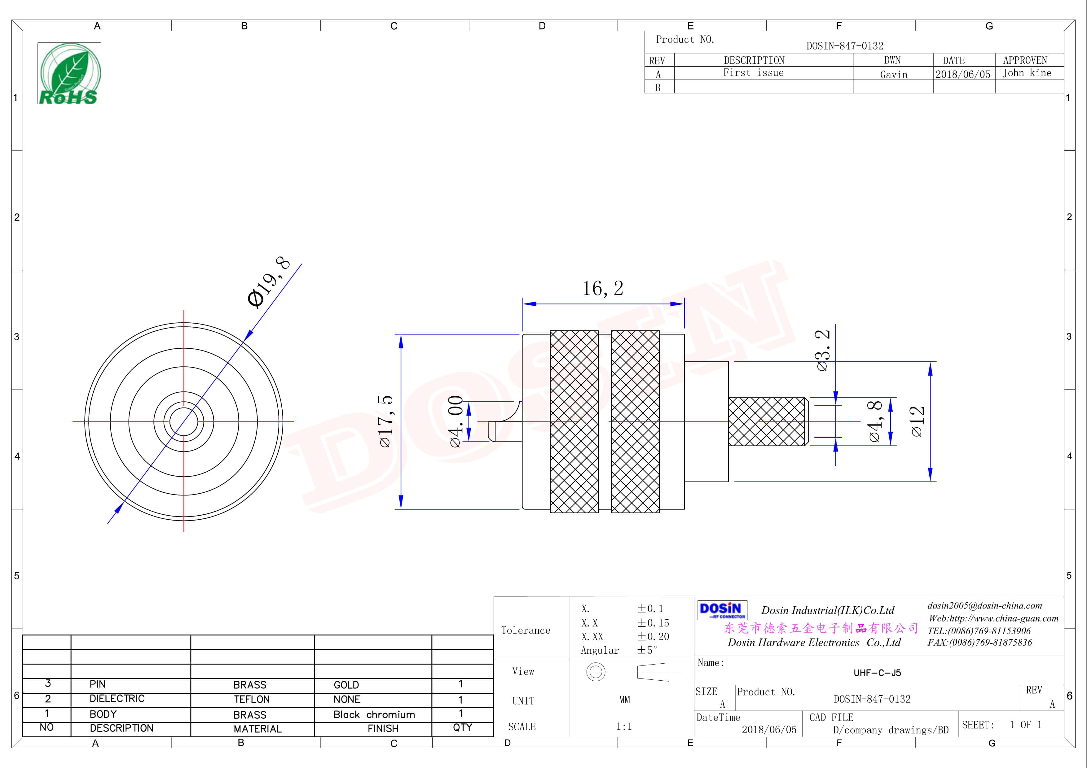 uhf射频同轴连接器压接直式母头接RG58线