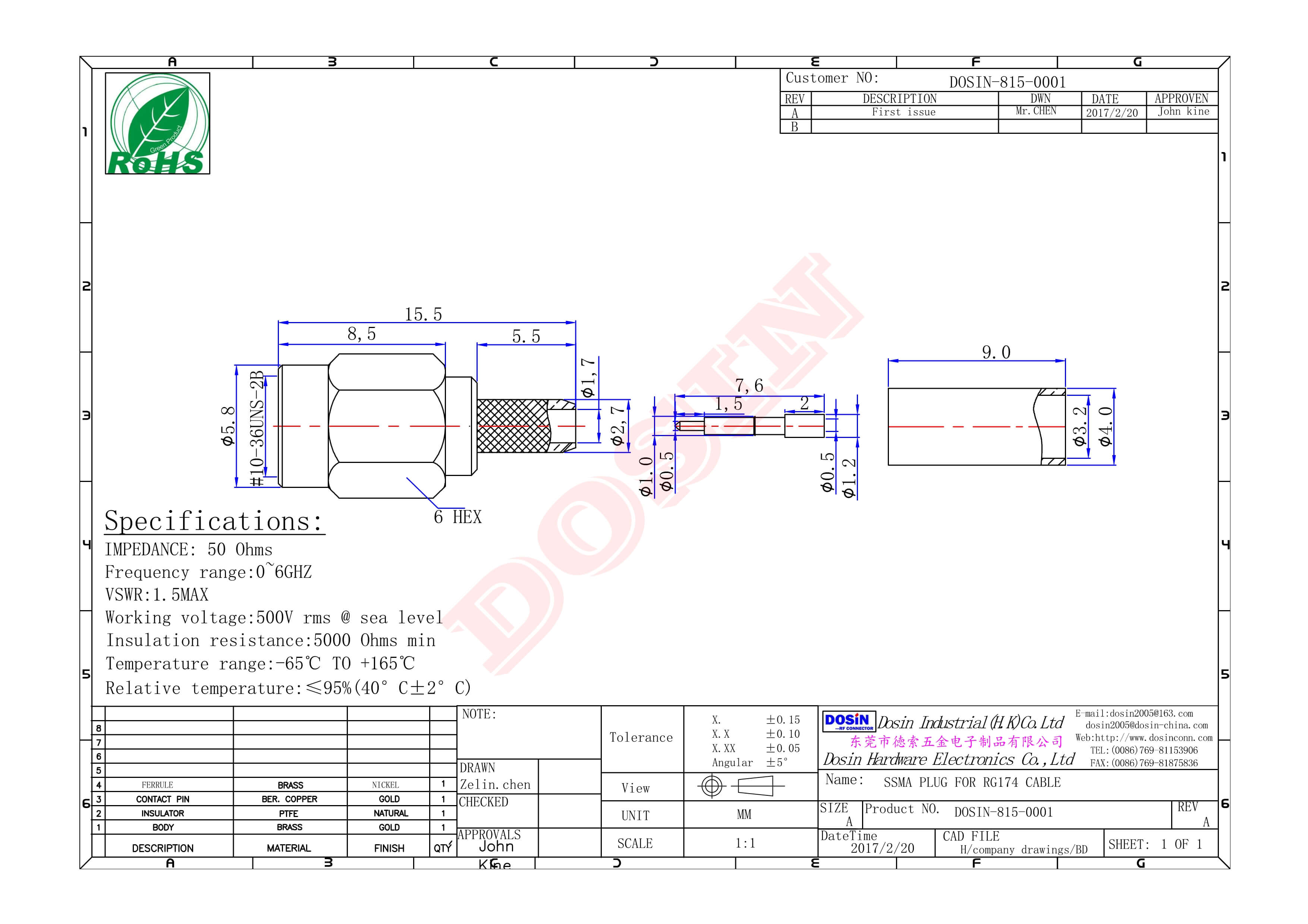SSMA直式插头180度公头接线压接