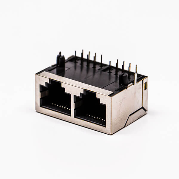 26 rj45插座 双口铜壳无灯90度带屏蔽母座接PCB板