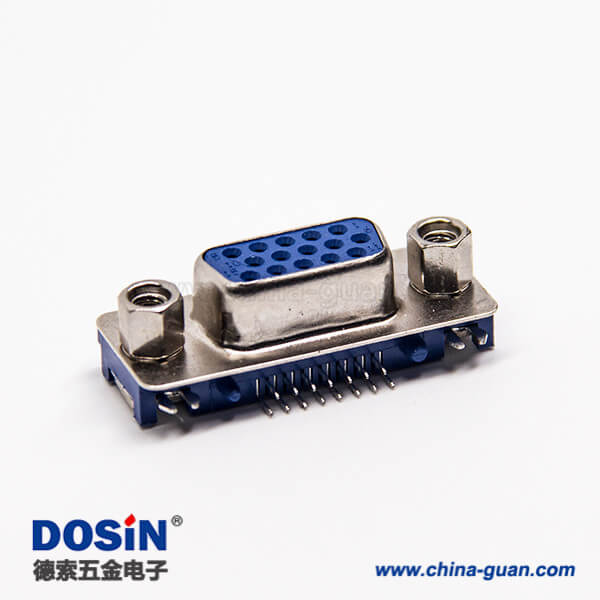 21 d-sub 15芯母头弯式穿孔接PCB板蓝色胶芯带铆锁