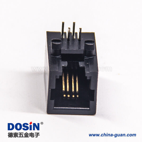 rj11 4p4c封装模块化网口连接器90度弯角全塑带定位柱穿孔式