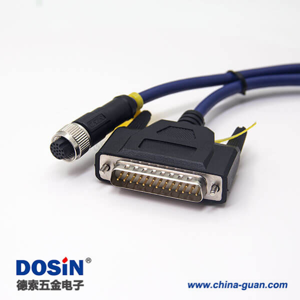 m12电缆插头直式母头A型转D-Sub公头25pin两边带螺丝线长1米