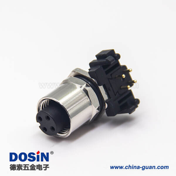 插板m12防水座弯脚4pin母头后锁板带屏蔽 插板m12防水座弯脚4pin母头后锁板带屏蔽