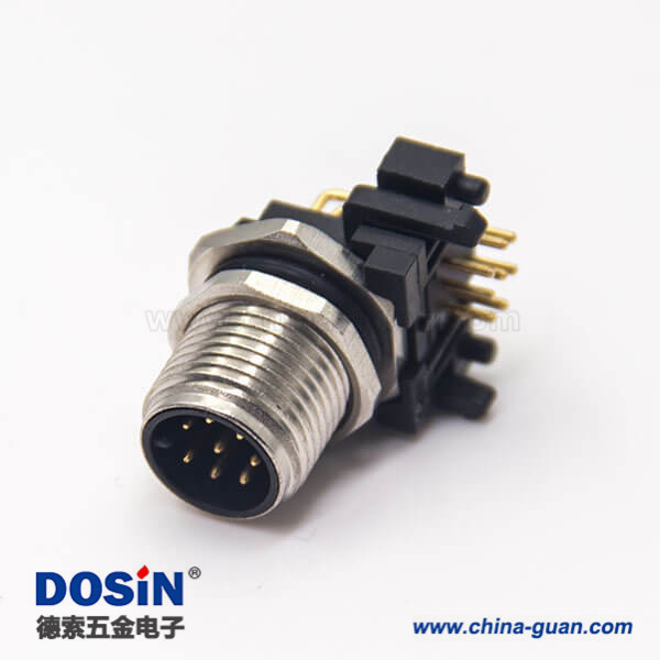 m12 8芯公头连接器插座弯式插PCB板螺纹前锁板防水传感器 m12 8芯公头连接器插座弯式插PCB板螺纹前锁板防水传感器