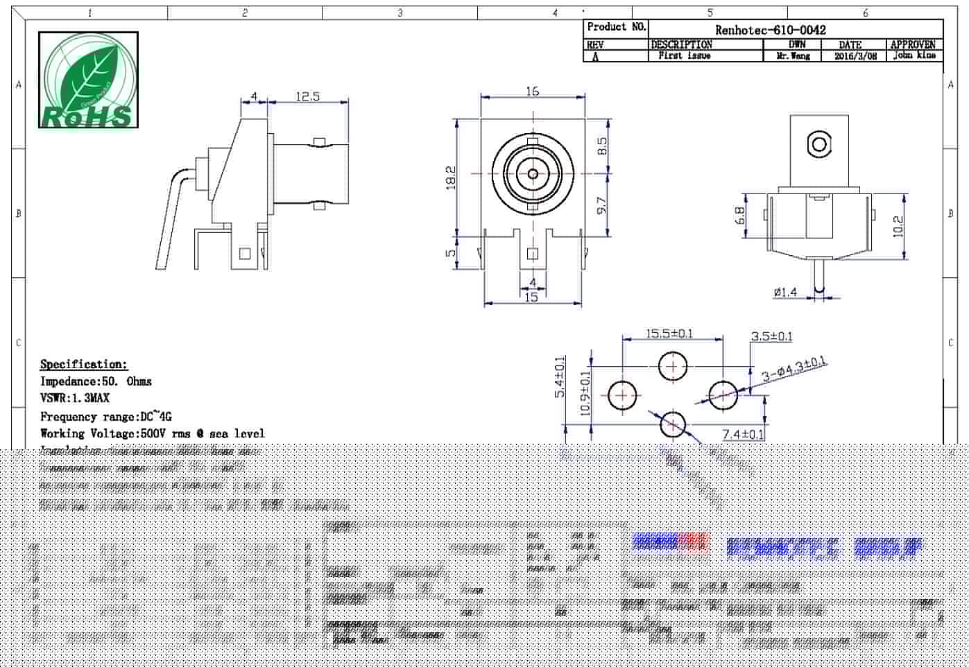 bnc接口板 弯式母头 50欧姆 接PCB板端