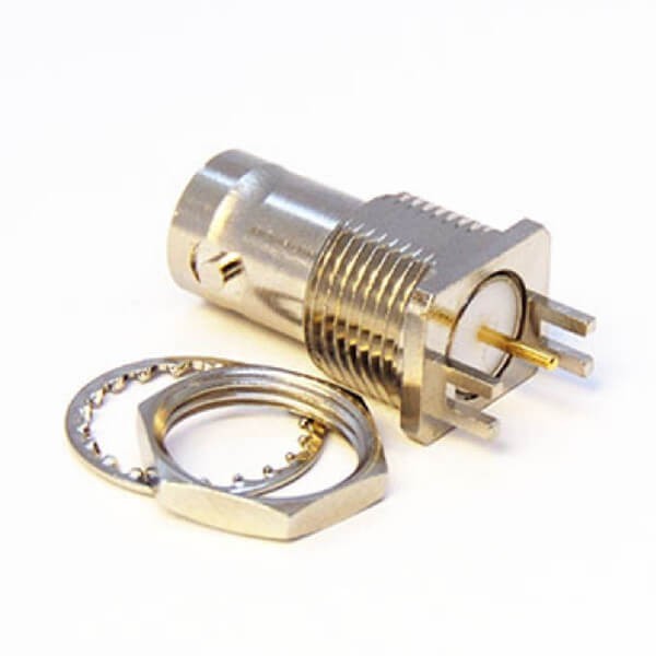 EB-01-0181 直式75欧姆BNC接头PCB板母头前锁穿墙卡板1.6mm镀镍