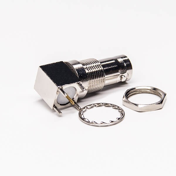 bnc-bulkhead-connector-50-ohm-angled-jack-pcb-mount(1) bnc同轴电缆连接器 75欧姆 方形5引脚 弯式母头 PCB板