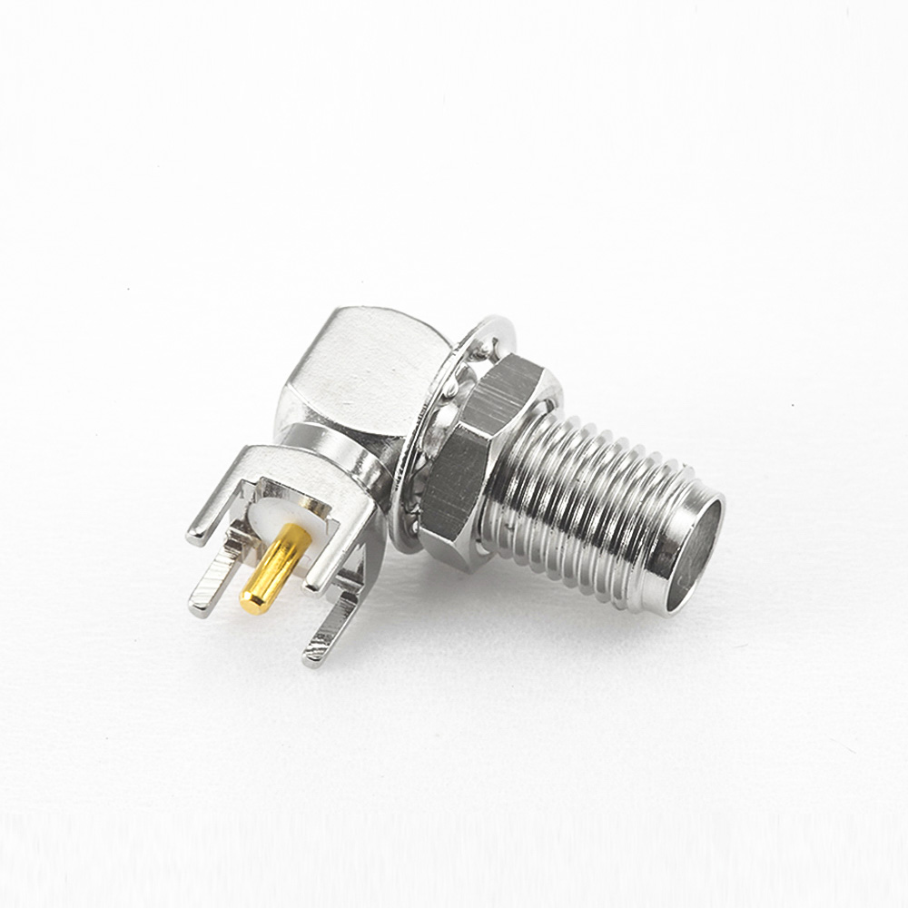 366(7) SMA母头连接器PCB安装弯式插孔前锁穿墙镍镀