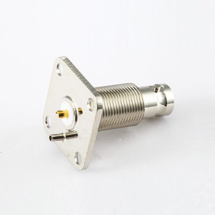 EB-001-0454 焊杯接线BNC连接器50Ω插座直板安装前锁穿墙4孔法兰