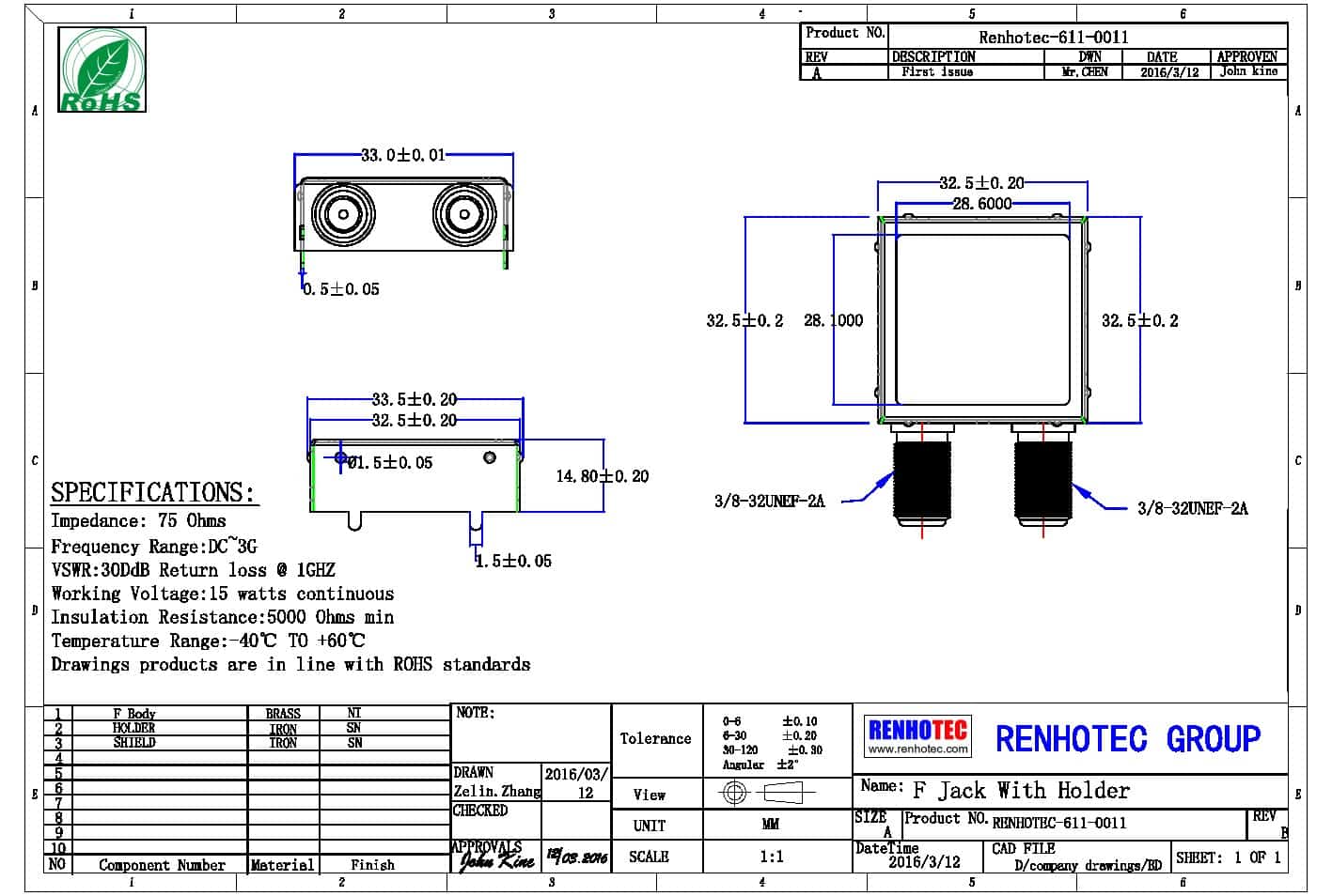 双头F头射频同轴连接器母头穿墙式带屏蔽罩