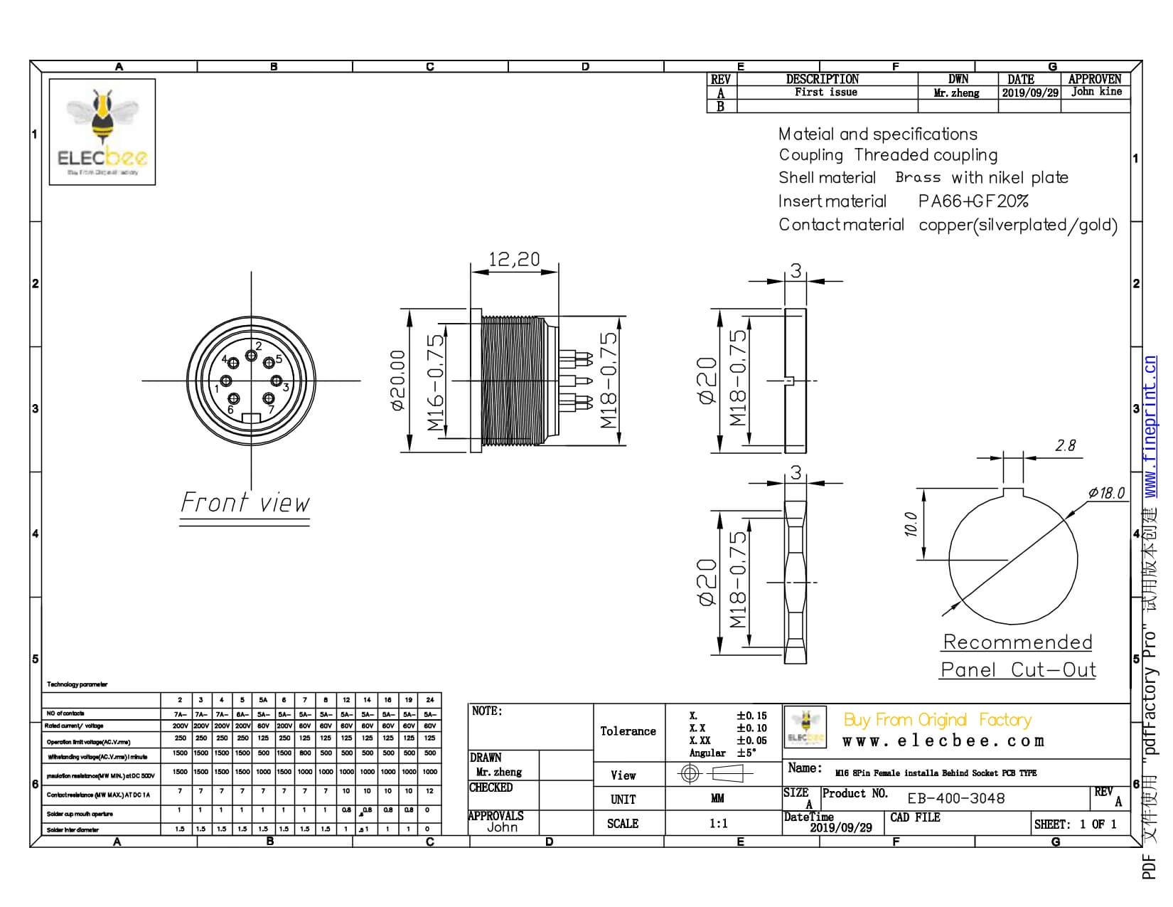 圆8芯插座引脚M16母头A扣直式穿墙PCB板连接器板端插座焊接