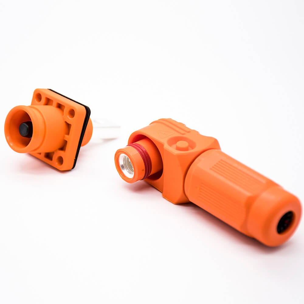 RHT-1P-12O-C80-R&RHT-1S-12O-BL-L_1 新能源储能连接器IP65防水弯式插头插座12mm橙色300A铜牌带孔插座