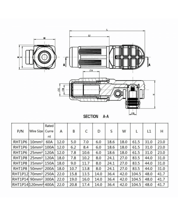 RHT-1P-12O-C95-R&RHT-1S-12O-BL-L_8 储能电池连接器IP65防水弯式插头插座12mm橙色350A大电流连接器