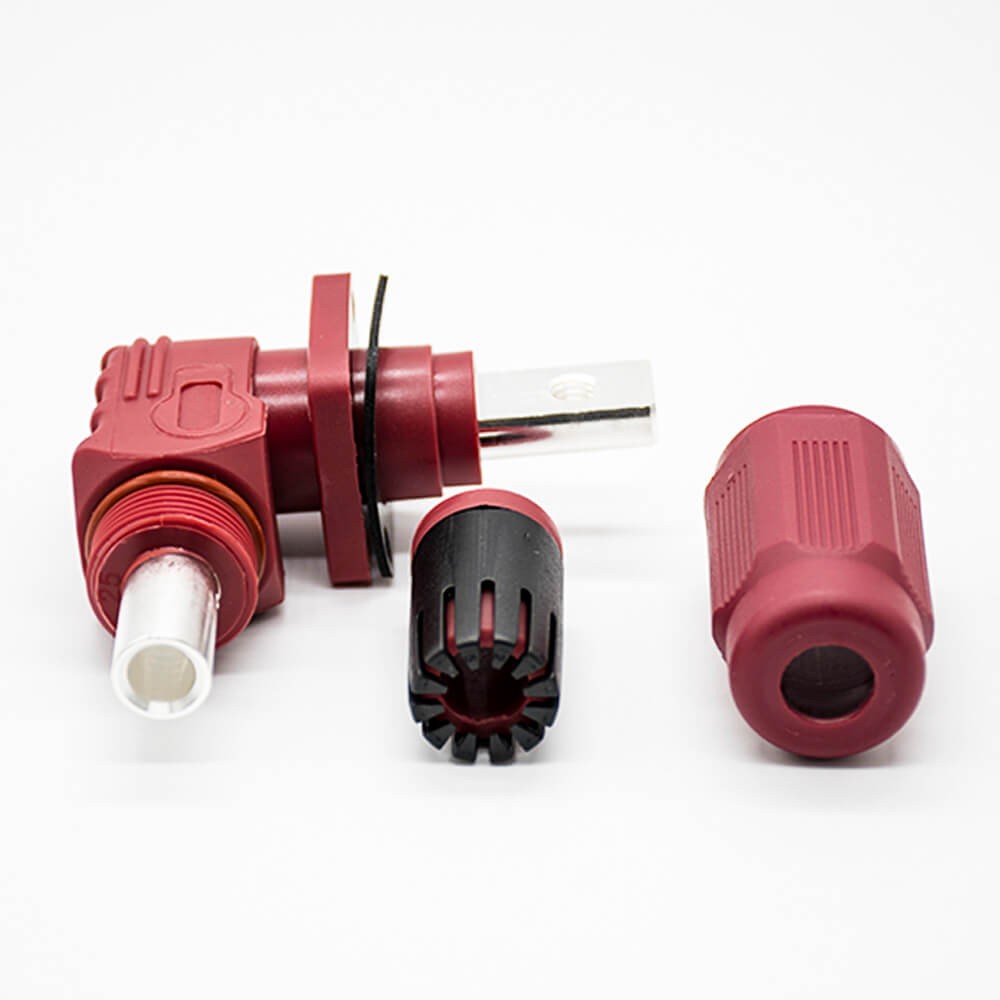 RHT-1P-8R-C50-R&RHT-1S-8R-BL-L_6 电池储能连接器12mm红色插头和插座弯式250A带孔铜牌防水IP65