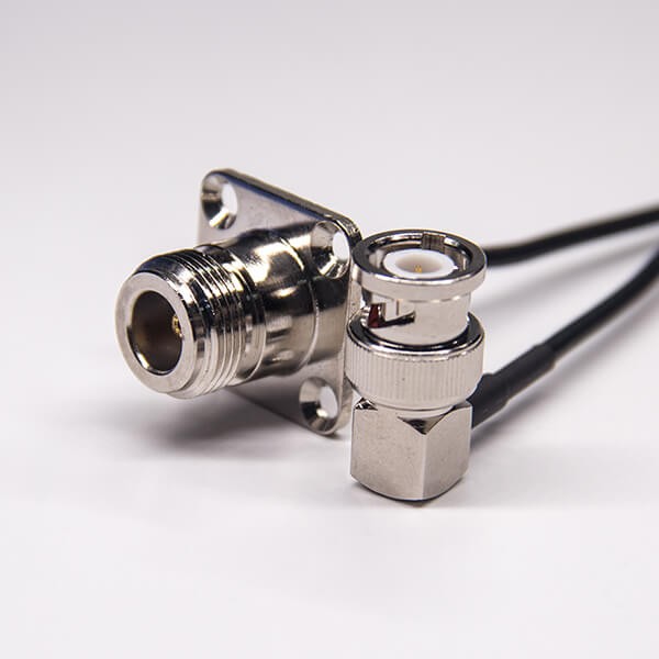 n-type-female-cable-straight-4-hole-flange-to-right-angle-bnc-male-for-rg174-cable N型射频头母头四孔法兰转90度BNC公头接RG174
