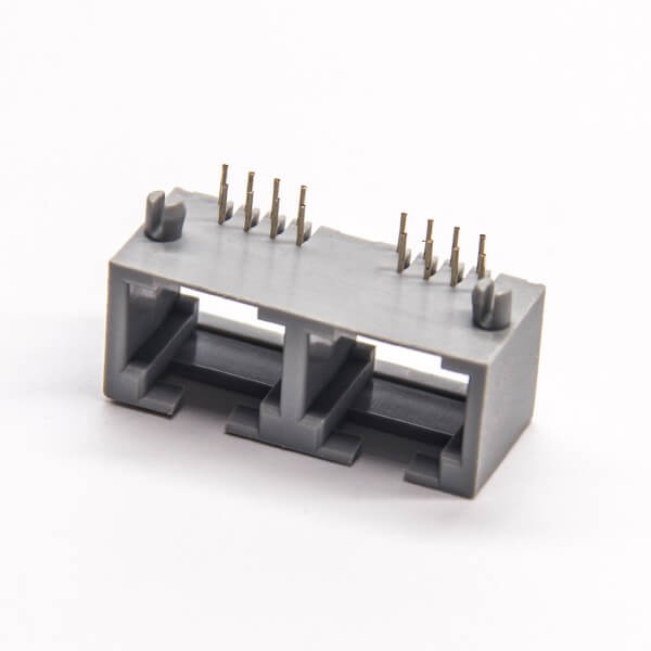 EB-500-7144_1 双口rj45插座灰色全塑8p8c弯式插座dip接PCB板不带屏蔽